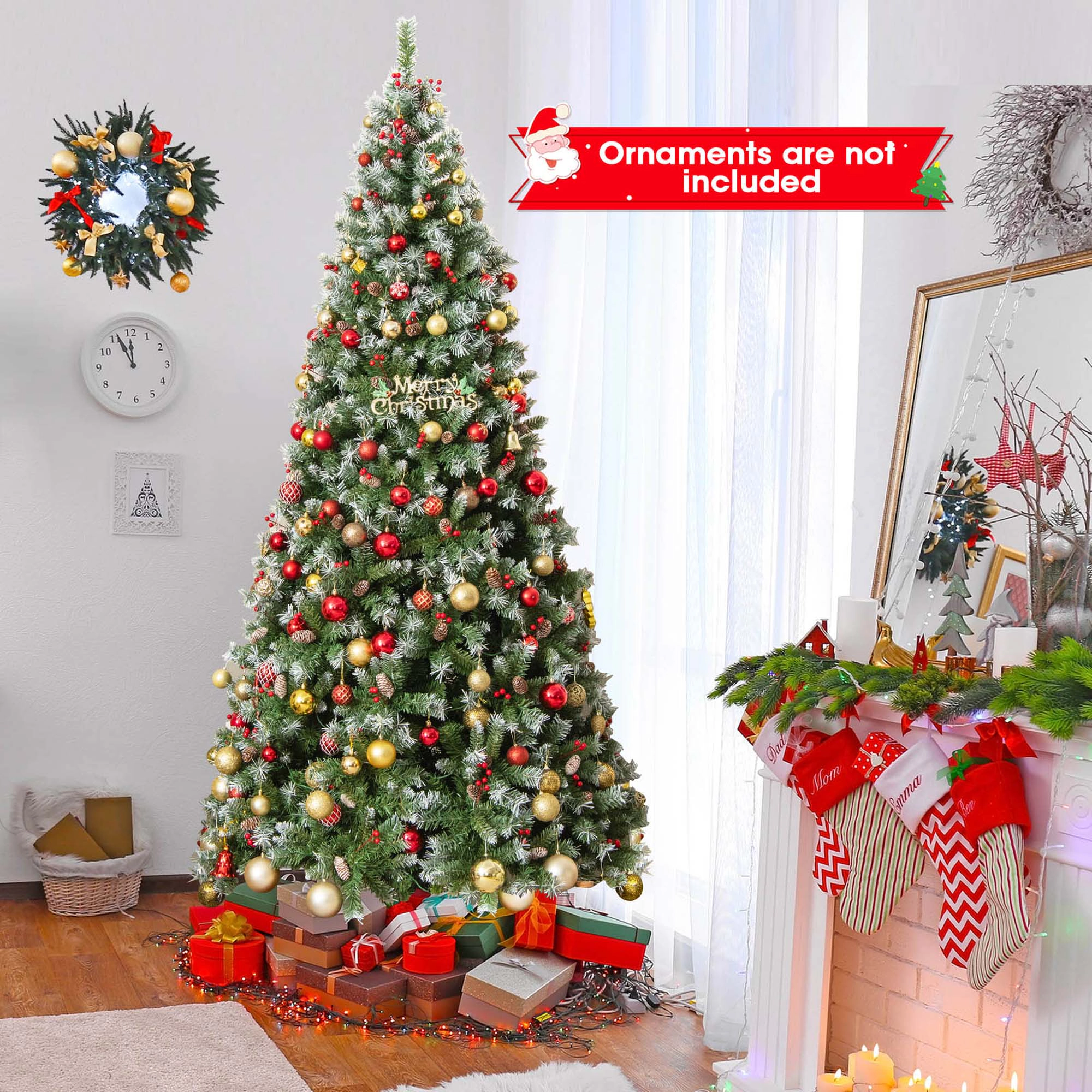 Costway 9 FT Artificial Christmas Tree Hinged with 650 Warm LED Lights & 309 Red Berries