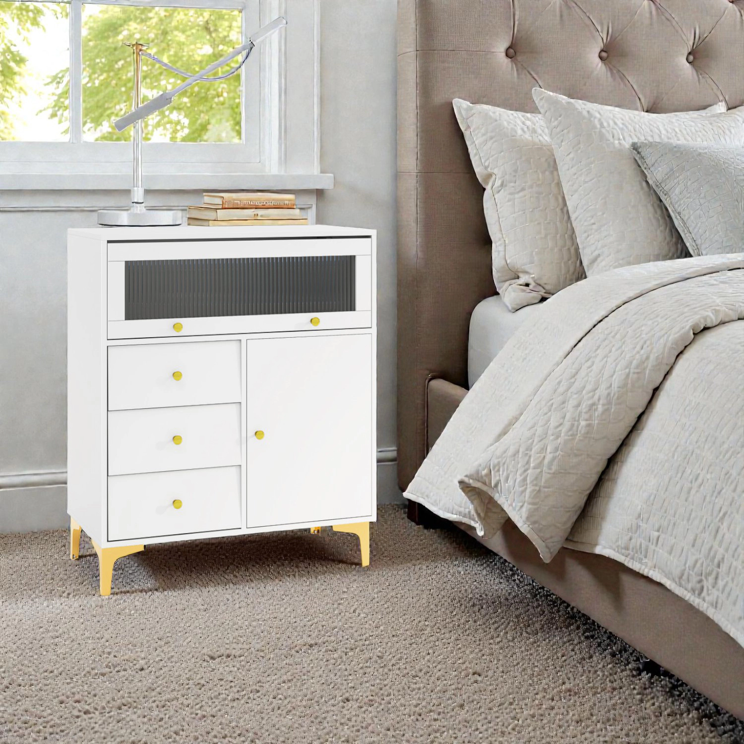 Hivvago Drawer Chest with Flip-Up Ribbed Glass Door for Bedroom or Kitchen