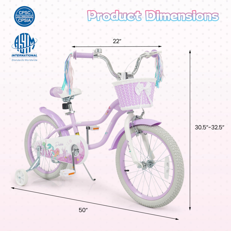 Hivvago Kids Bike Adjustable with Basket and Streamers Purple - Princess of the Sea Theme