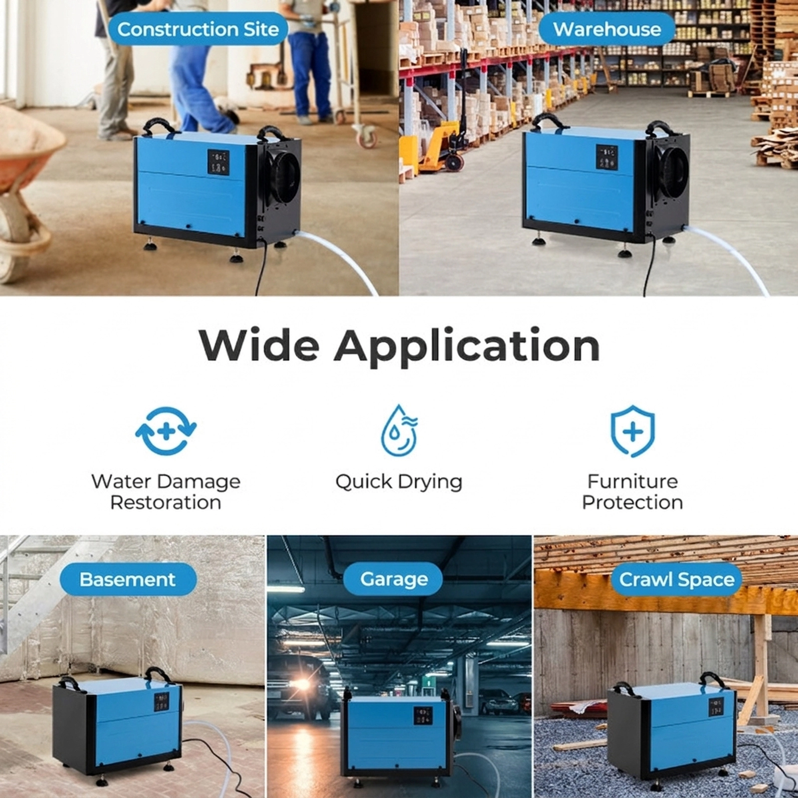 SUGIFT 124-Pint 1300-sq ft Crawl Space Dehumidifier with 3 Modes 24H Timer and 9.8-ft Drain Hose