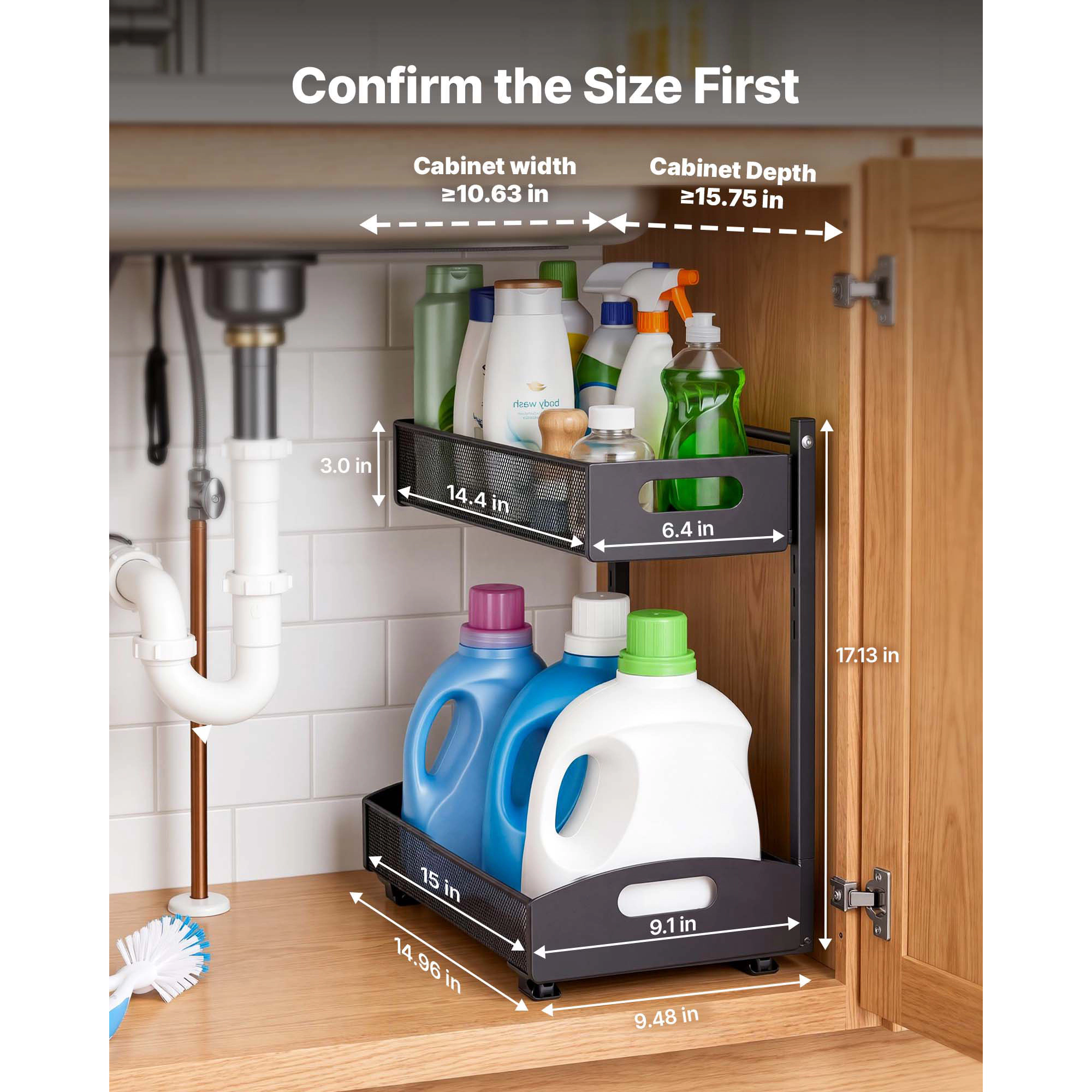 HONGGE Under Sink Organizer 2 Pack 2-Tier Pull Out Cabinet with 4-Level Height Adjustment Metal Slide