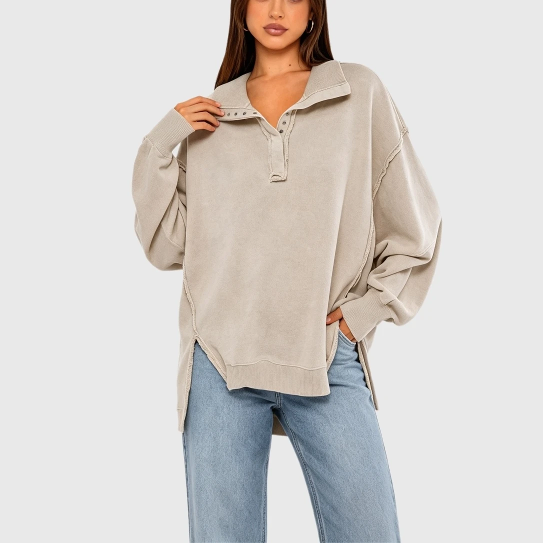 YesFashion Women's Oversized Henley Sweatshirts Casual Loose Button Up Side Split Pullover Tops