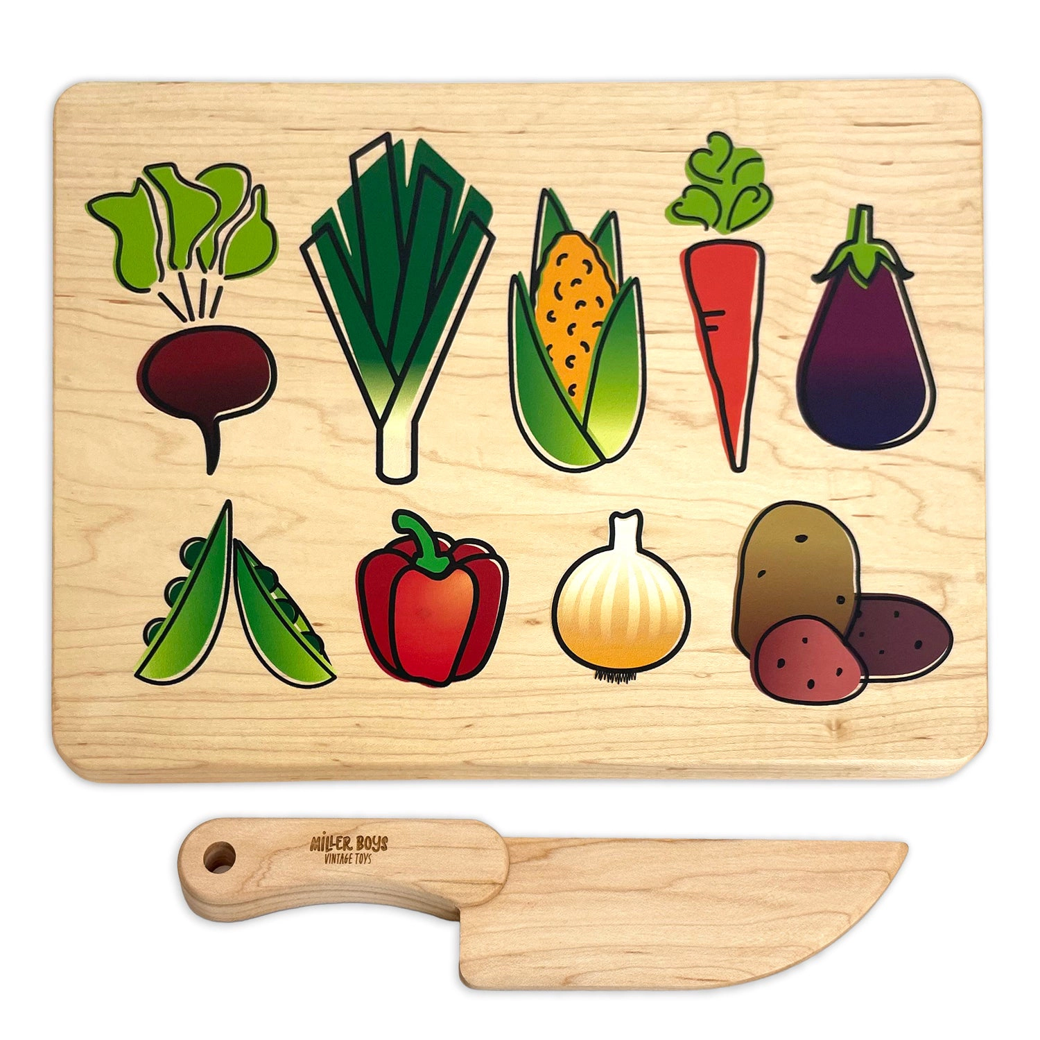 Kid's Chef-in-Training Maple Cutting Board with Handcrafted Wooden Knife, Made in the USA