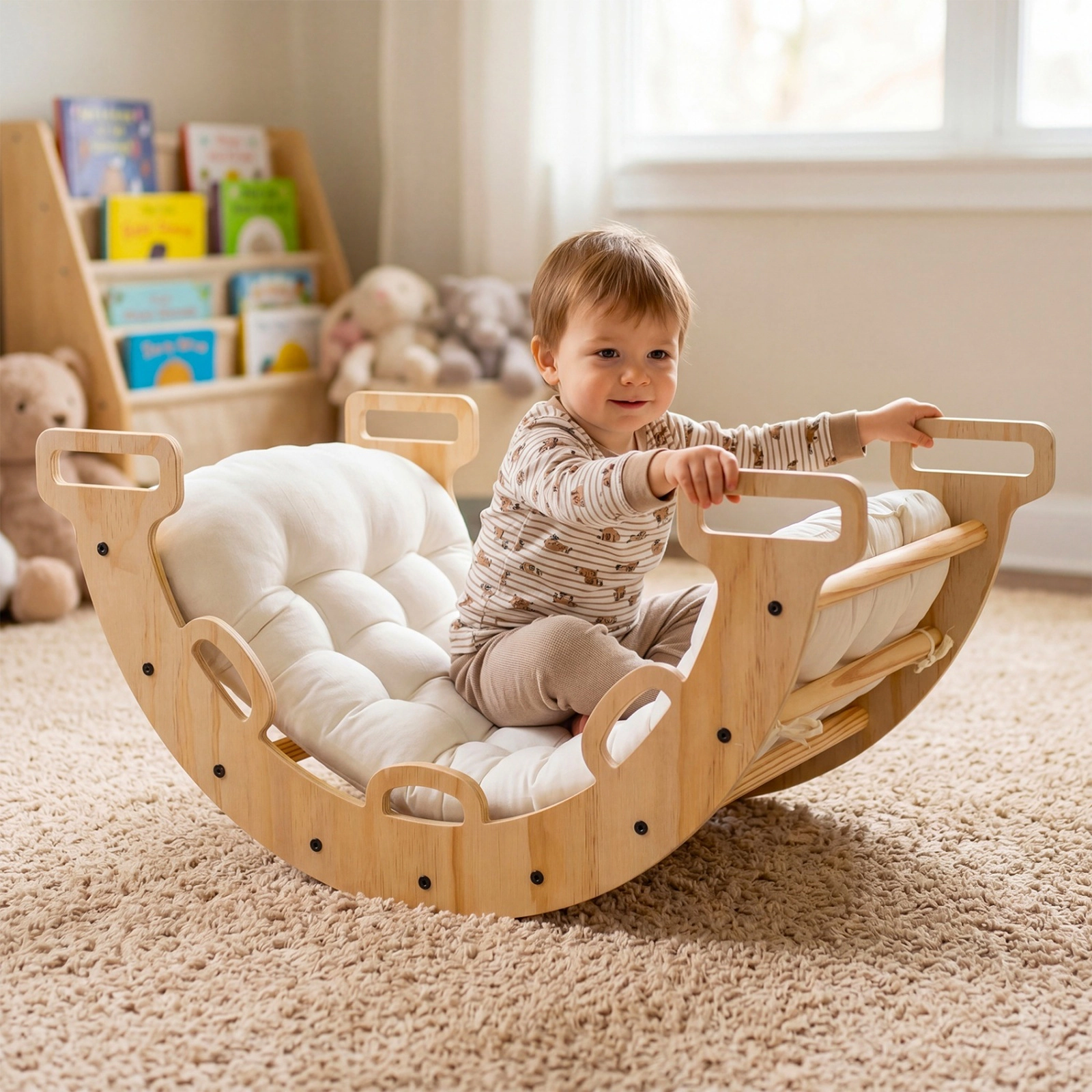 SUGIFT Natural Cushion Montessori Kids Climber and Rocker Wooden Rocking Climbing Arch