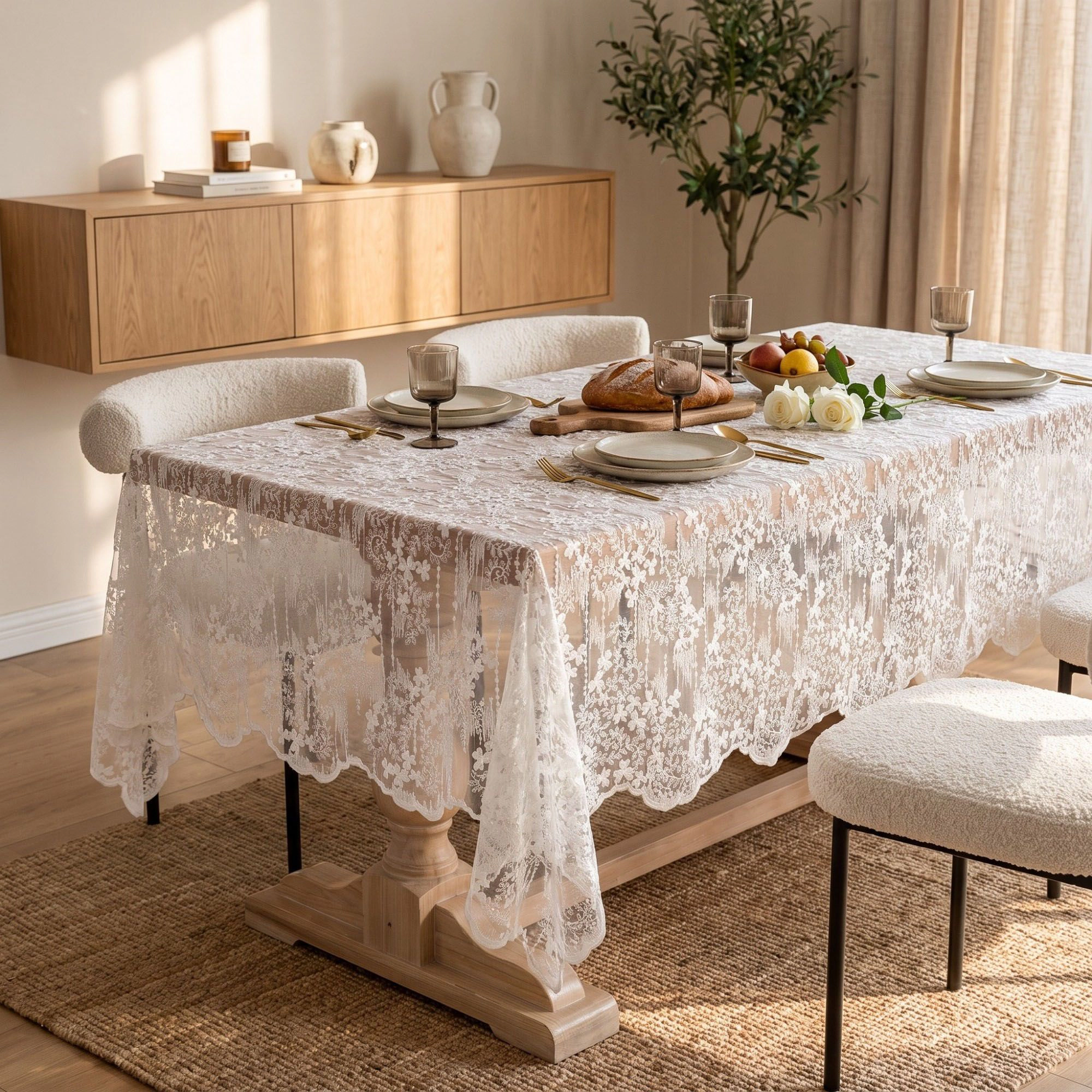 Alilang Unisex White Floral Embroidered Lace Square Tablecloth 51.2x51.2in