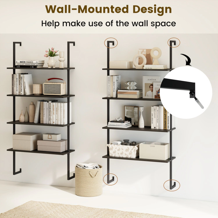 Hivvago 4-Tier Ladder Shelf Open Wall Mounted Bookcase with Wooden Boards and Metal Frame