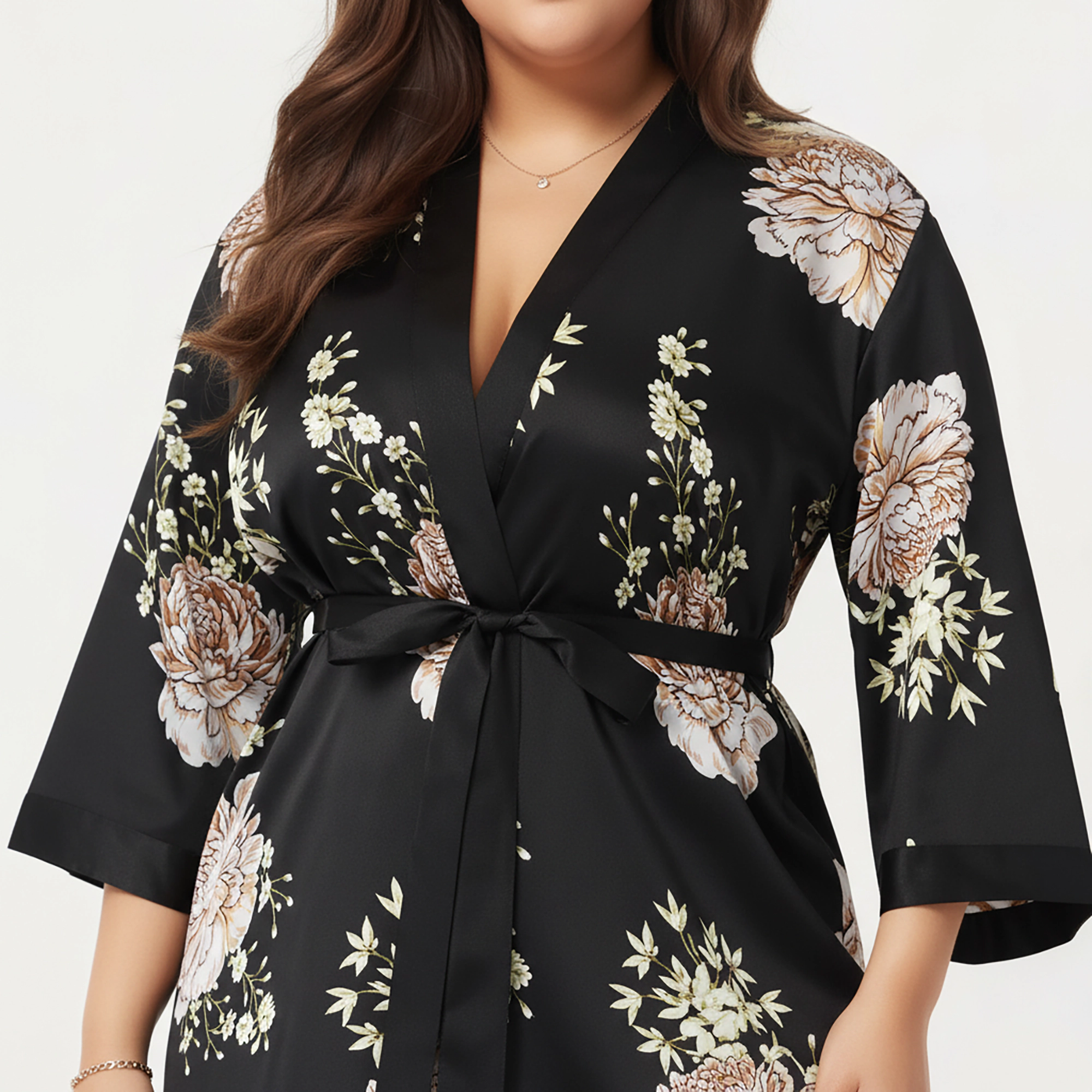 Anna-Kaci Women's Plus Floral Satin Long Robe with Contrast Trim Wrap Front Silhouette and Waist Tie Belt