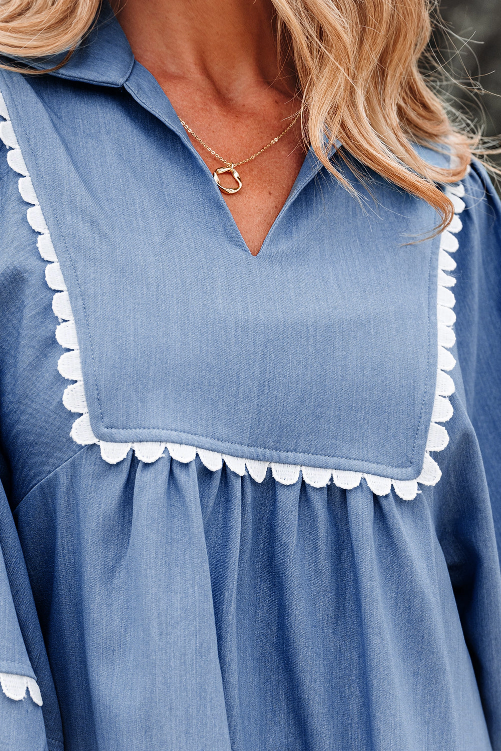 Threaded Pear Women's Nevaeh Lace Ric Rac 3/4 Puff Sleeve Collared Babydoll Blouse