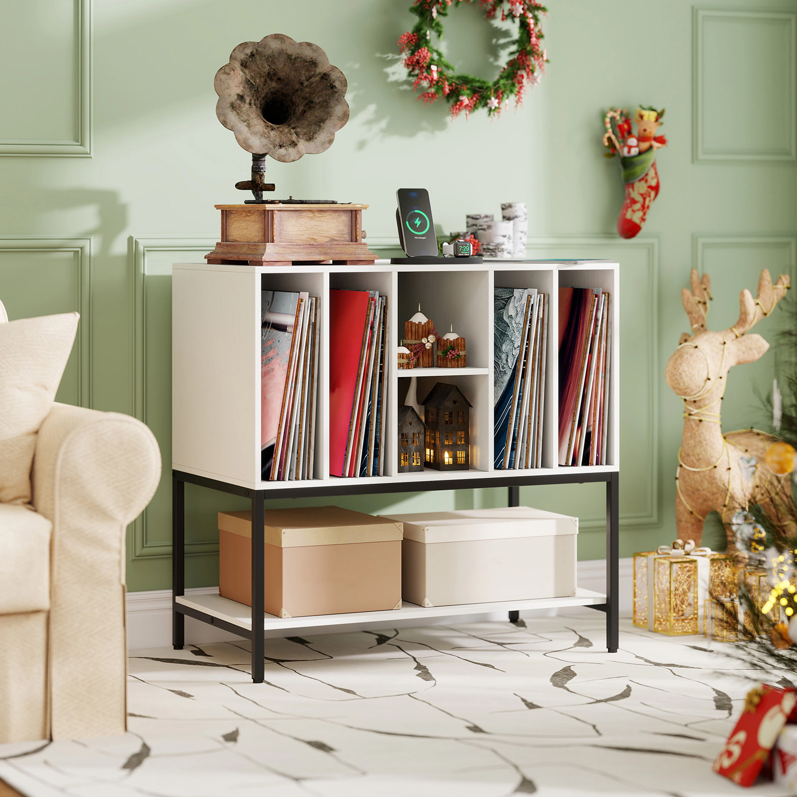 SUGIFT Record Player Stand with Charging Station and Metal Frame Accent Table 275-lb Capacity White