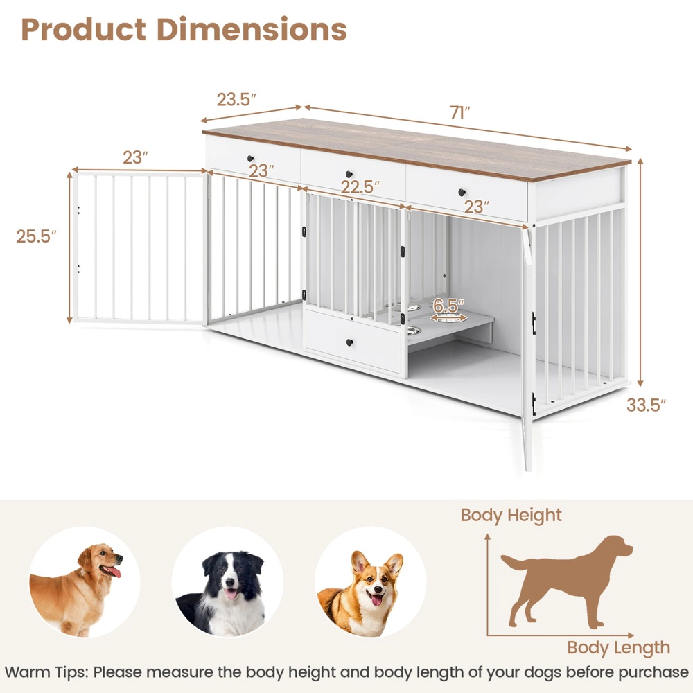 SUGIFT 71 in Dog Crate Furniture White Double Kennel with Divider 3 Drawers and Pull-out Feeder