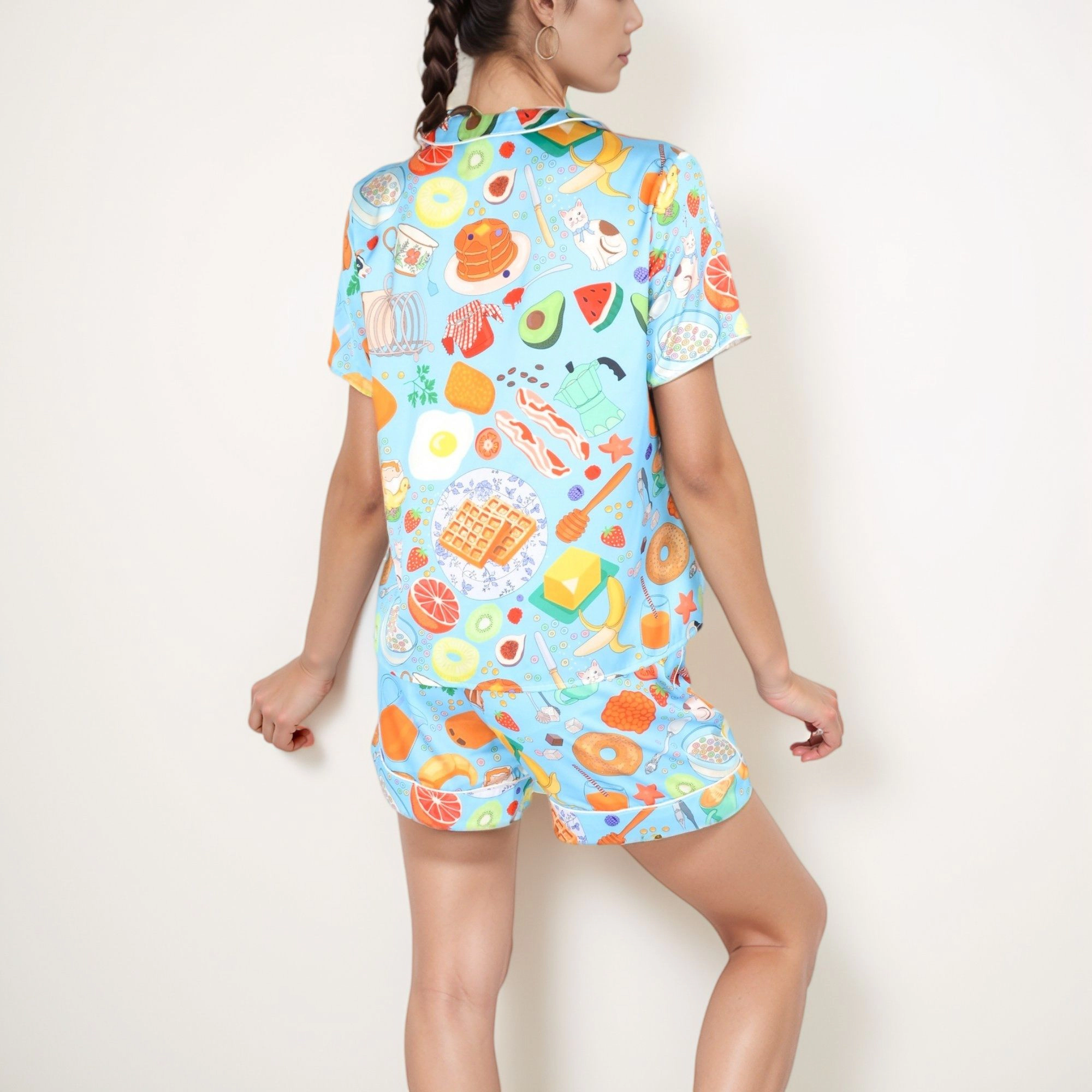 Anna-Kaci Women's Breakfast Print Pajama Set Short Sleeve Button Up Top and Elastic Waist Shorts Two-Piece Sleepwear