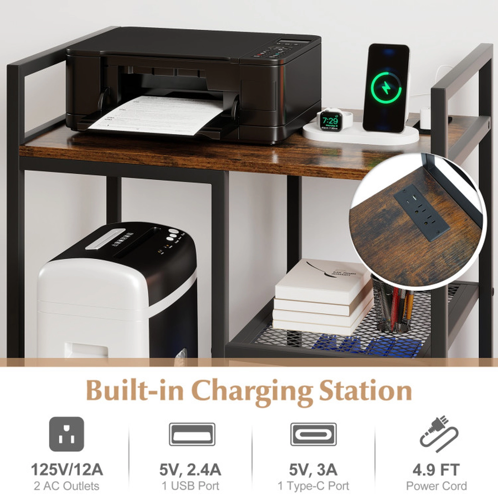 SUGIFT 25-in 110-lb Capacity Printer Stand with Charging Station Pull-Out CPU Slide and Mesh Storage Shelves