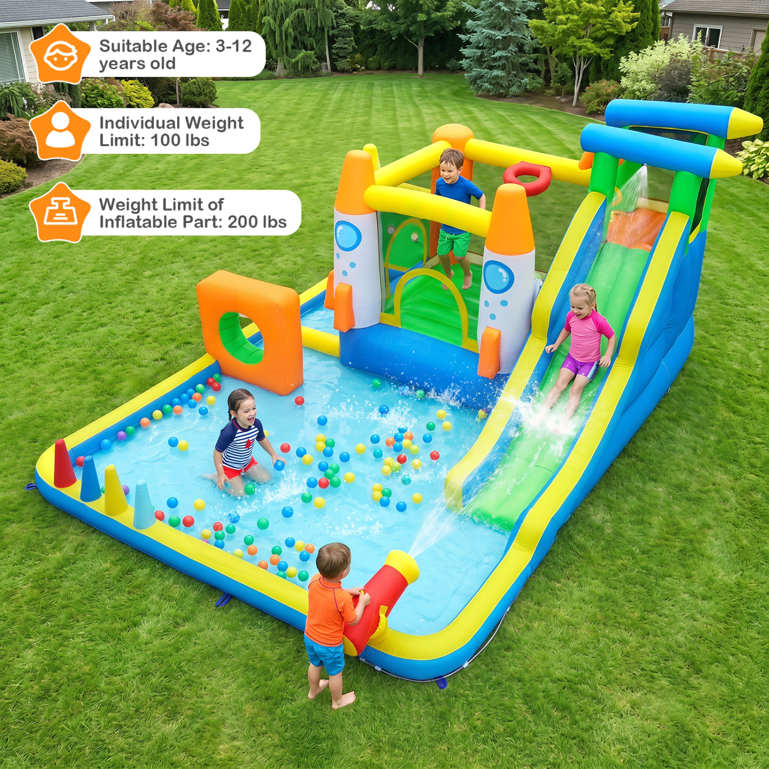 LJG 10-in-1 Inflatable Bounce House with Water Slide for Kids without Blower
