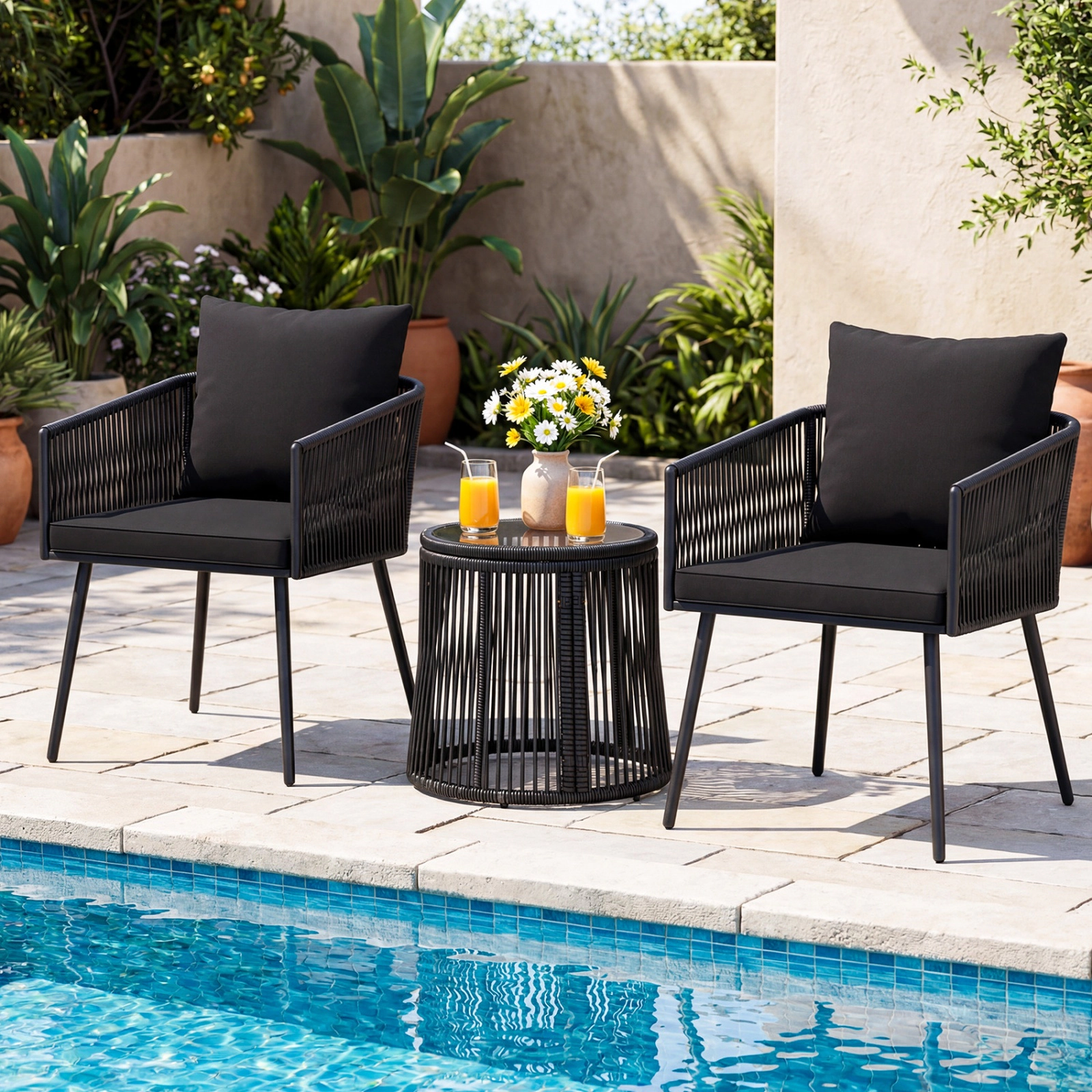 SUGIFT Side Table and Cushions 3-Piece Black Round Wicker Patio Chair Set