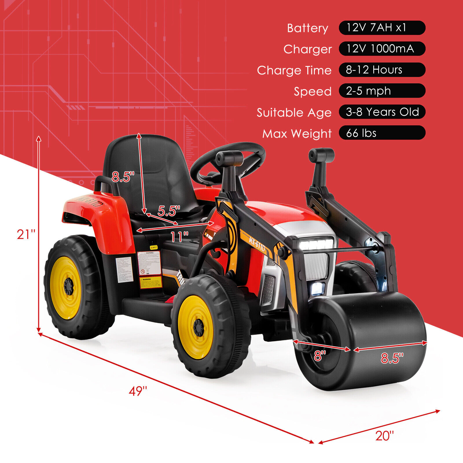 SUGIFT 12V Ride On Road Roller with 2.4G Remote Control 66-lb Capacity Ages 3-8 49-in Ride-On Car Red