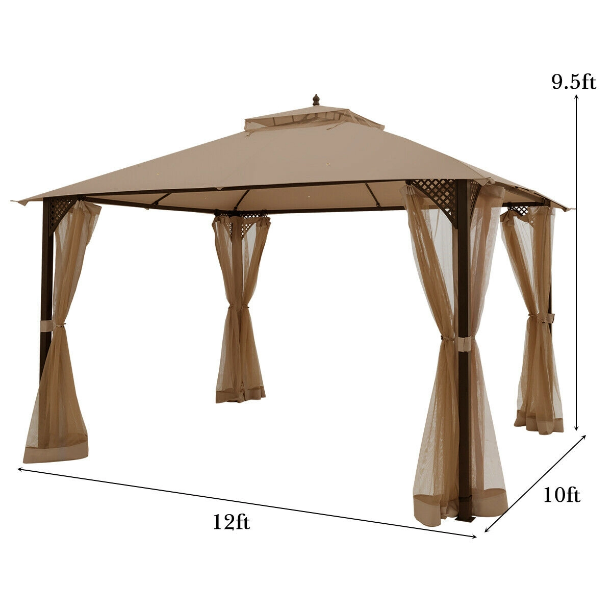 SUGIFT 12-ft x 10-ft Brown Outdoor Patio Gazebo with Mosquito Netting Double Roof and Steel Frame