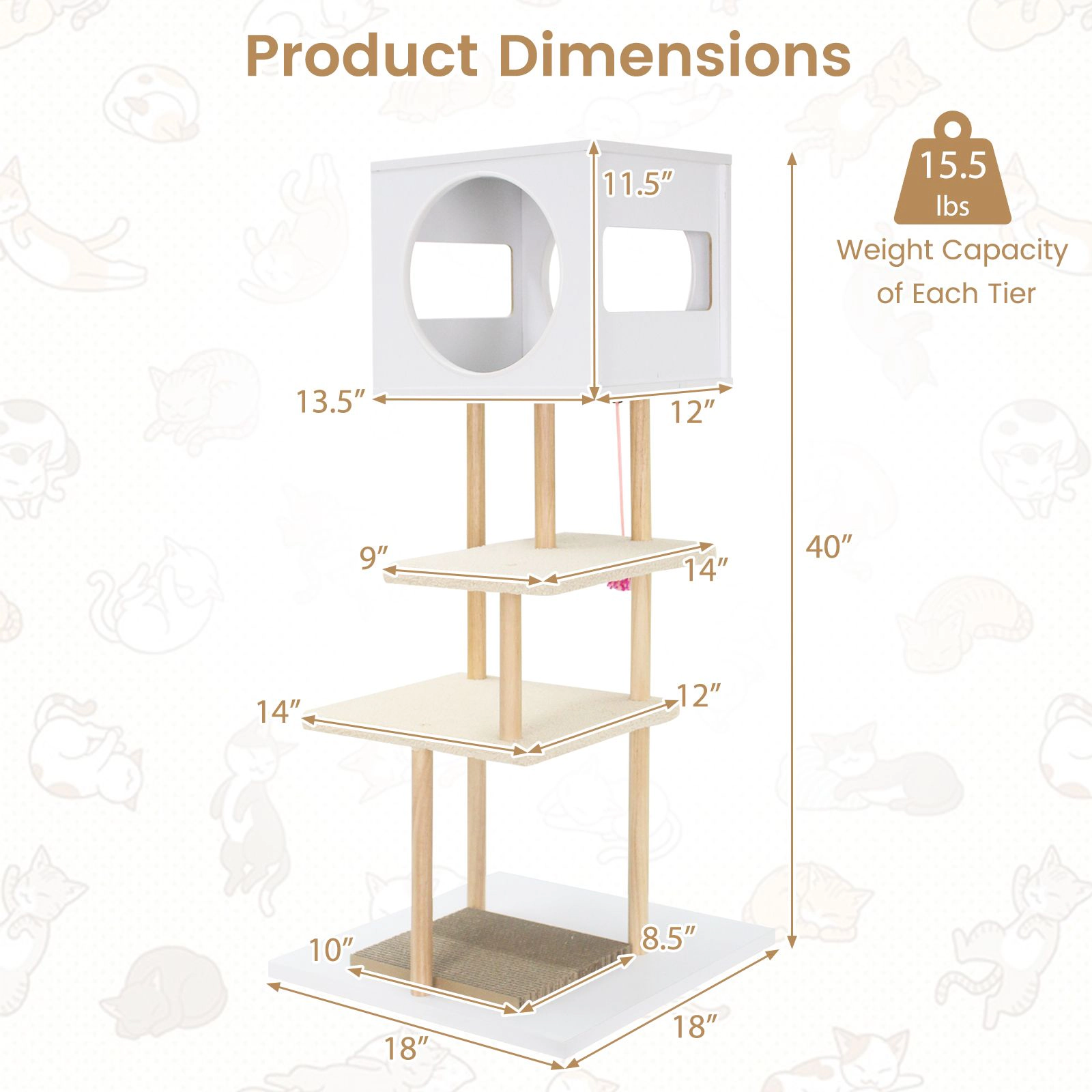 SlickBlue 40" Wooden Cat Tree with Corrugated Scratching Pads and Condo