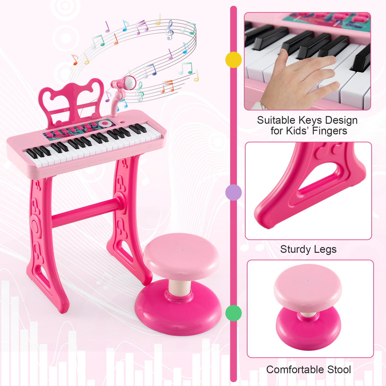 SUGIFT Pink 37-Key Kids Piano Keyboard with Adjustable Microphone Detachable Legs Stool and Music Stand