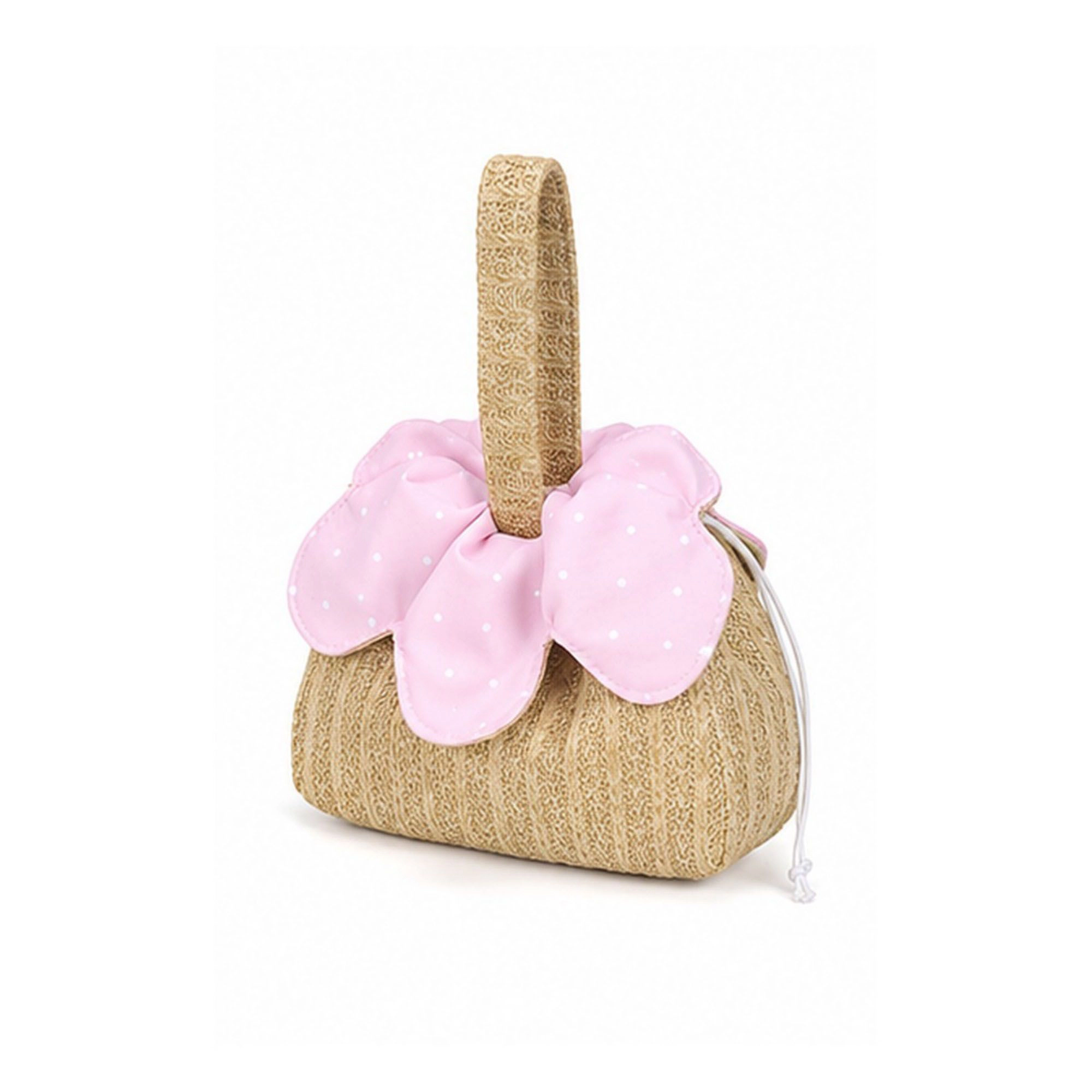 Alilang Women's Textured Knit Drawstring Handbag with Floral Petal Trim, Dual Handles and Cosmetic Storage Design