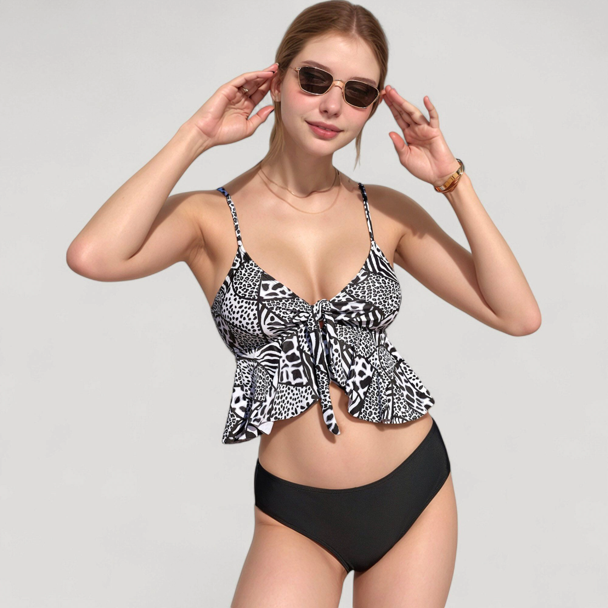 Anna-Kaci Ruffle Tankini Set Tropical Leaf Print Adjustable Straps