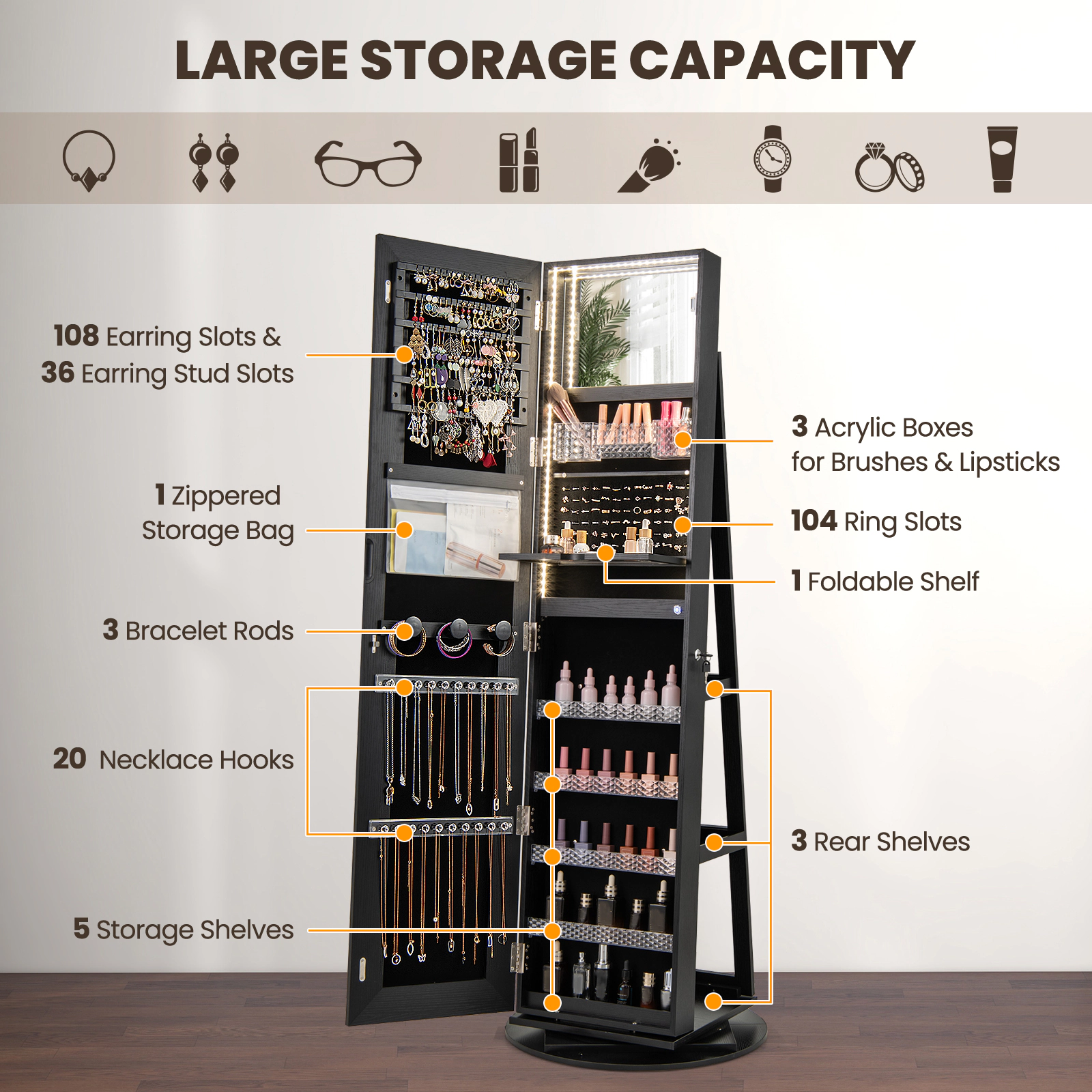 Hivvago Freestanding Jewelry Storage Cabinet with LED Lights
