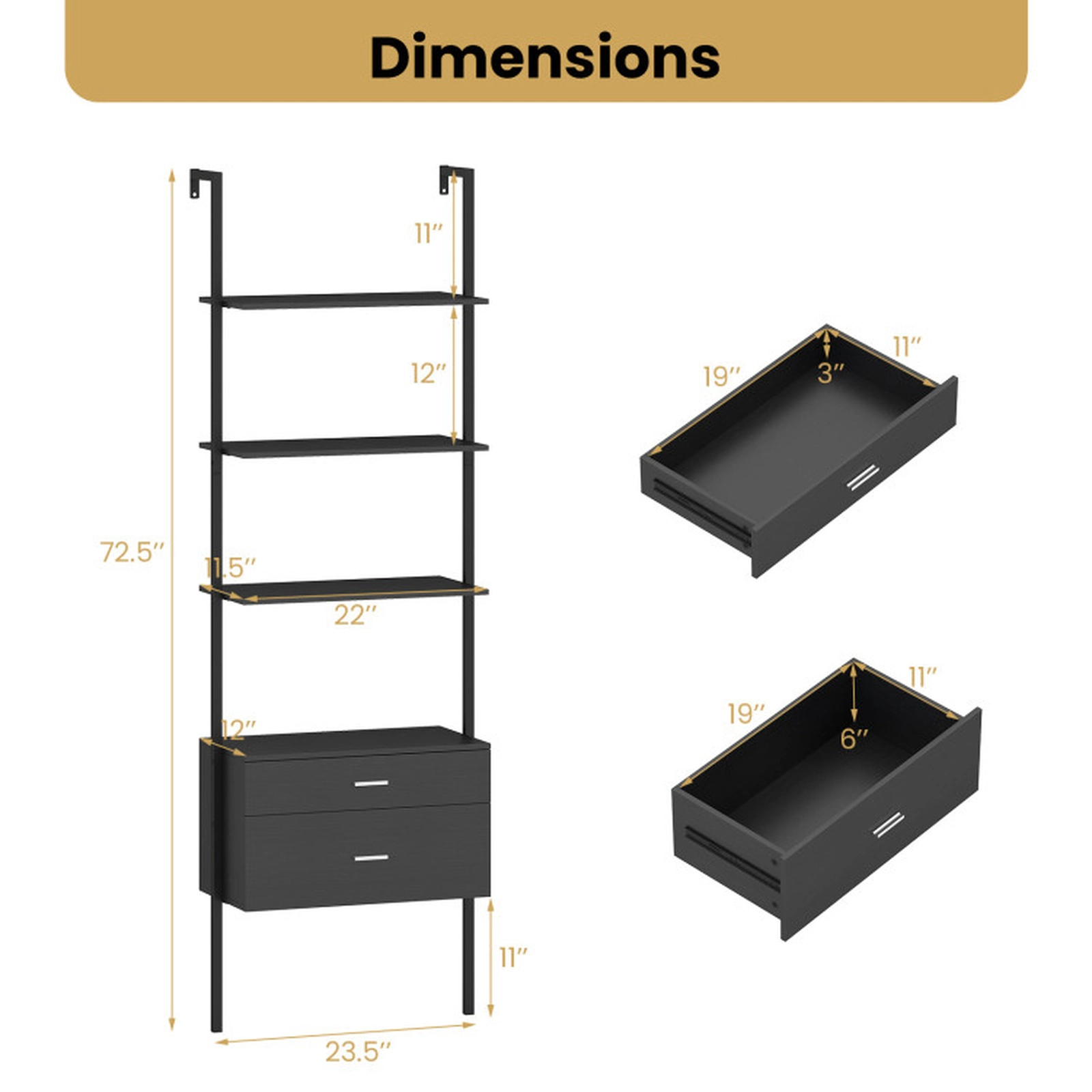 SUGIFT 6-Tier Black 72.5-in Tall Ladder Shelf Bookshelf with 2 Drawers Metal Frame and Raised Legs