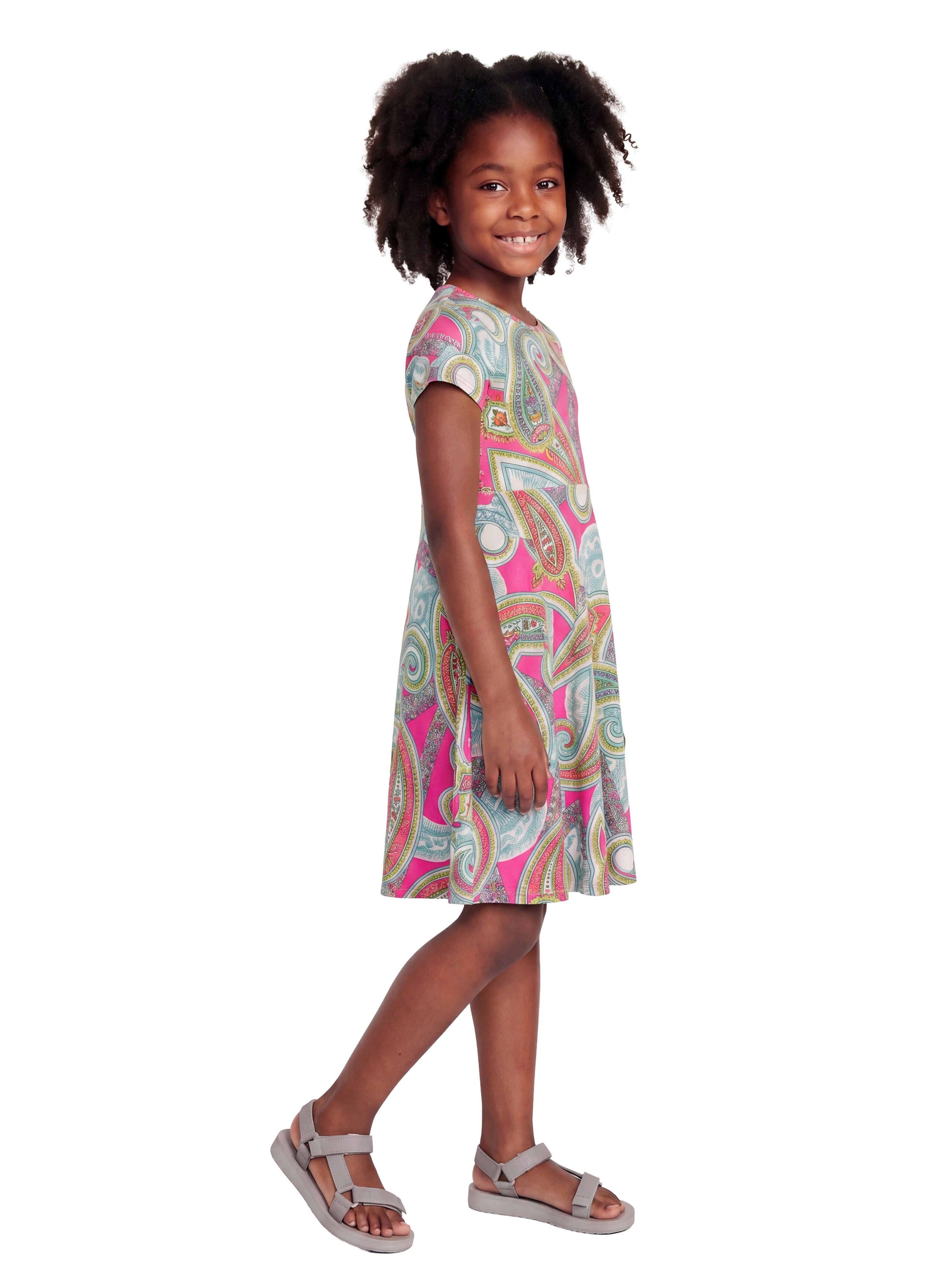 24sevenKid Girls Pink Paisley Print Short Sleeve Fit and Flare Dress