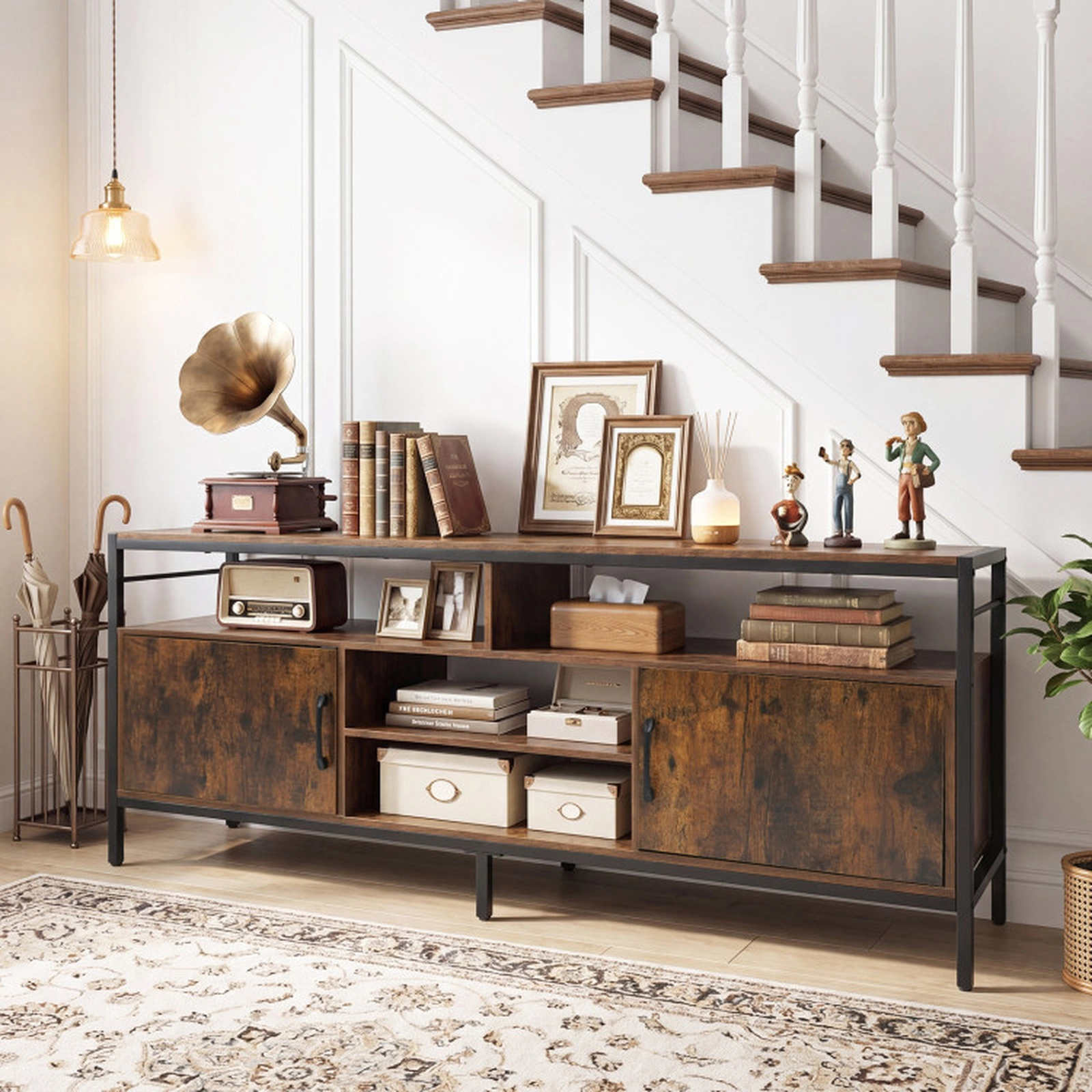 SUGIFT 58-Inch Industrial TV Stand for TVs Up to 65 Inches, 2 Cabinets, Adjustable Shelf, Rustic Brown and Black