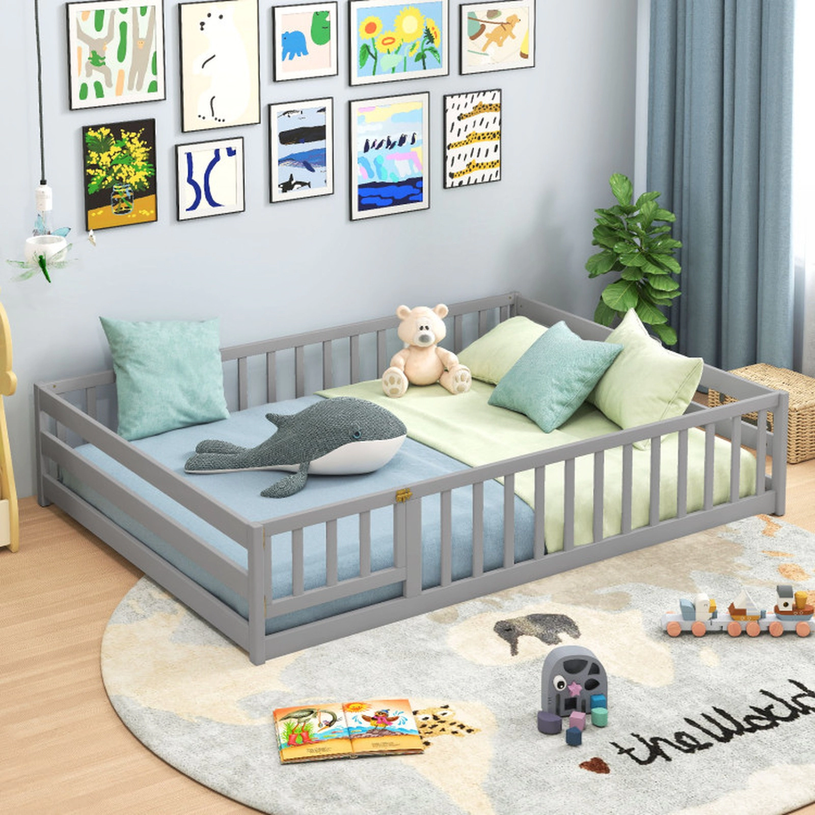 SUGIFT Full-Length Safety Guardrails and Lockable Door Pine Wood Full Kids Floor Bed