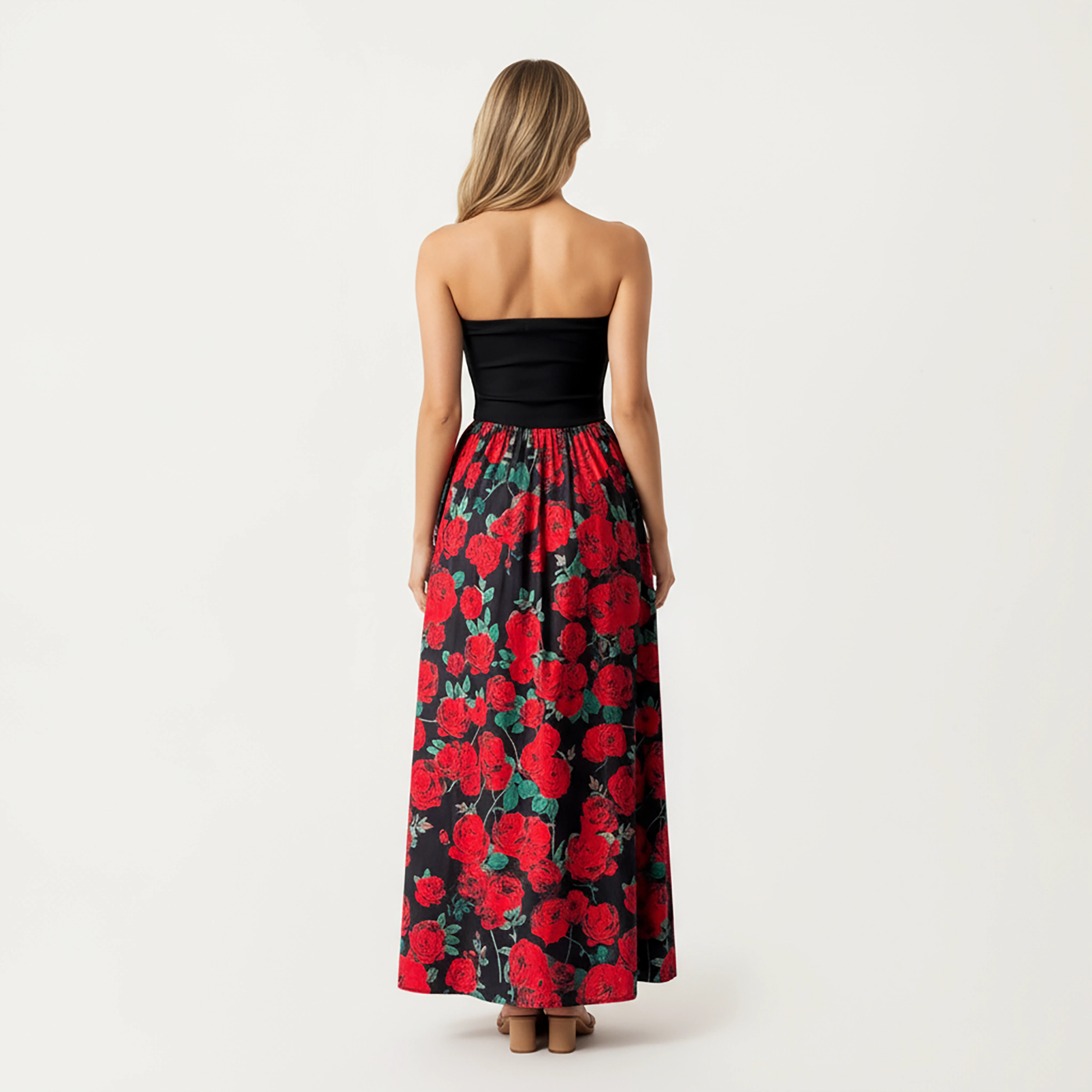 Anna-Kaci Women's Strapless Fitted Bodice Floral Print Maxi Dress