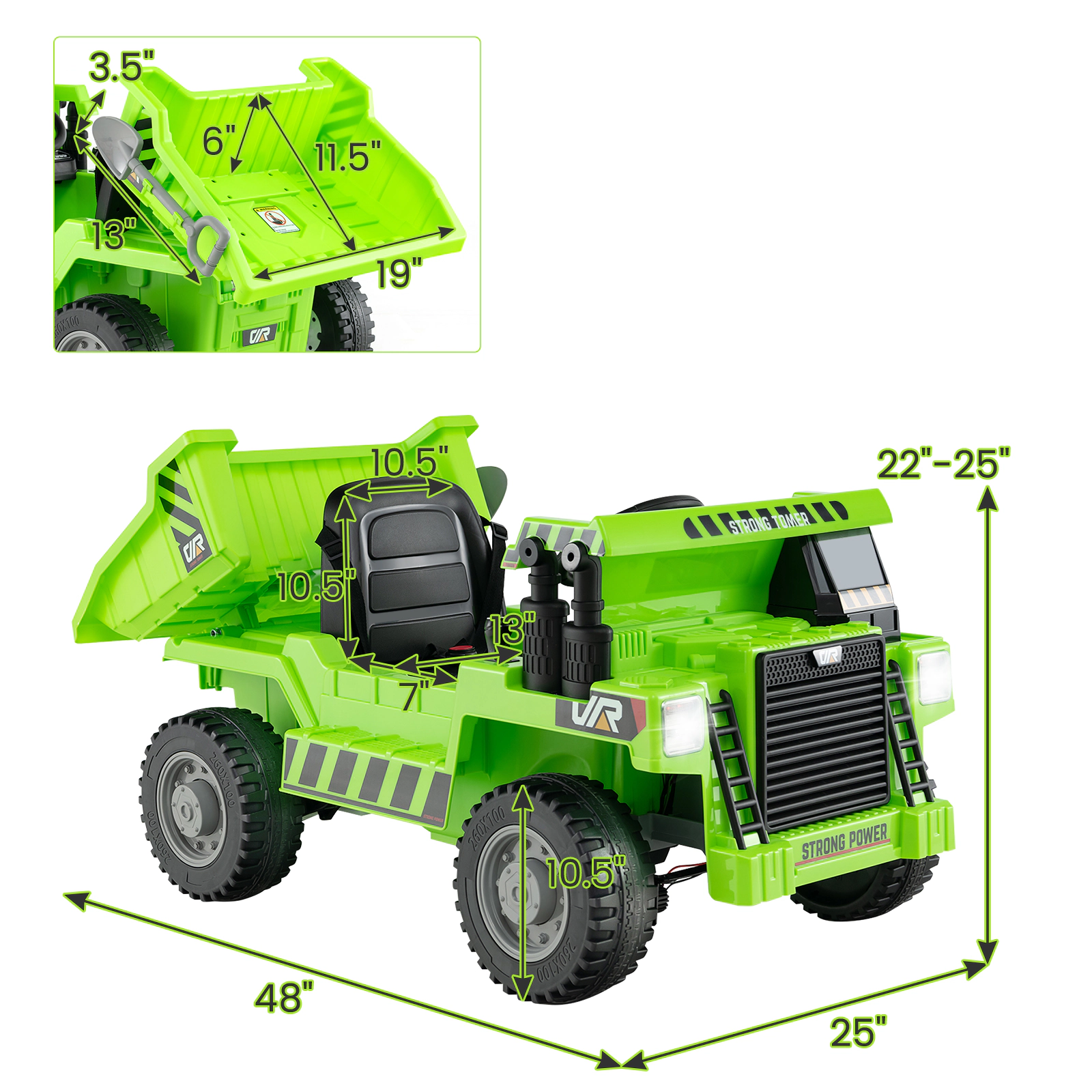 SUGIFT Green Electric Dump Bed Shovel and Remote Control 12V Kids Ride On Dump Truck