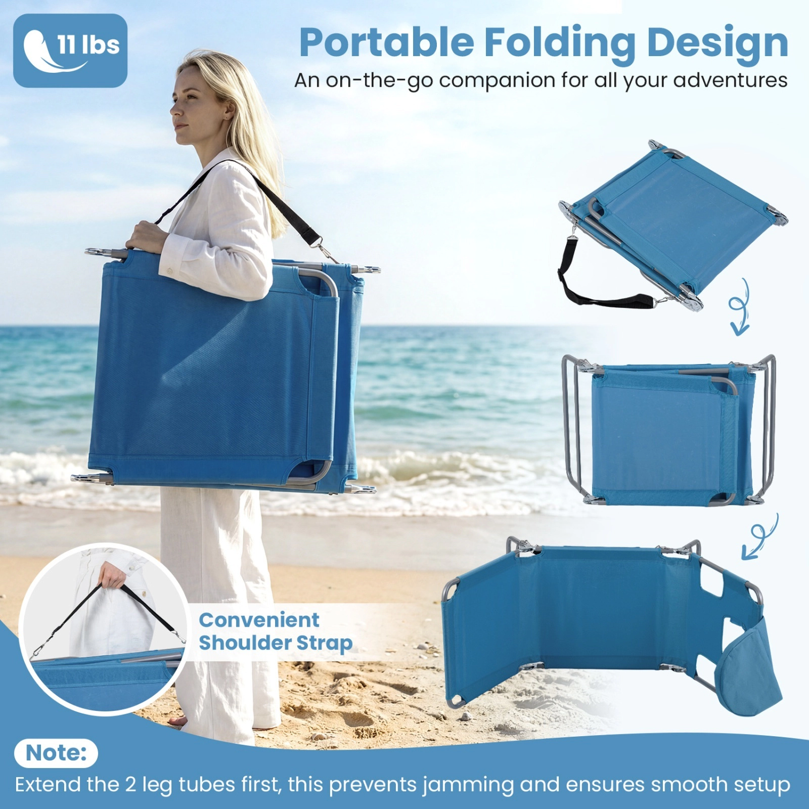 SUGIFT Folding Beach Lounge Chair, 5-Position Backrest, Face and Arm Holes, Blue