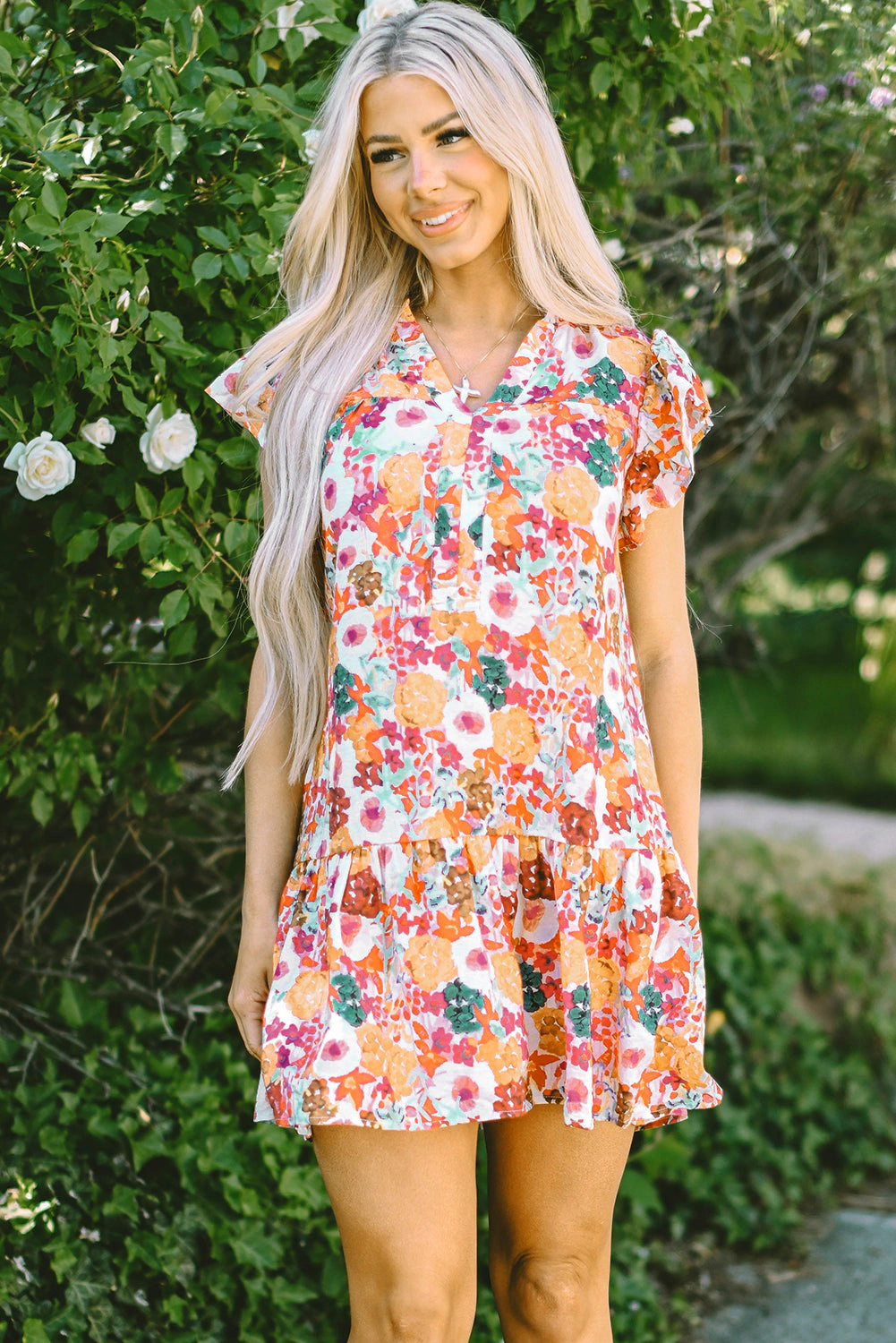 Threaded Pear Women's August Floral Print Split Neck Flutter Sleeve Dress