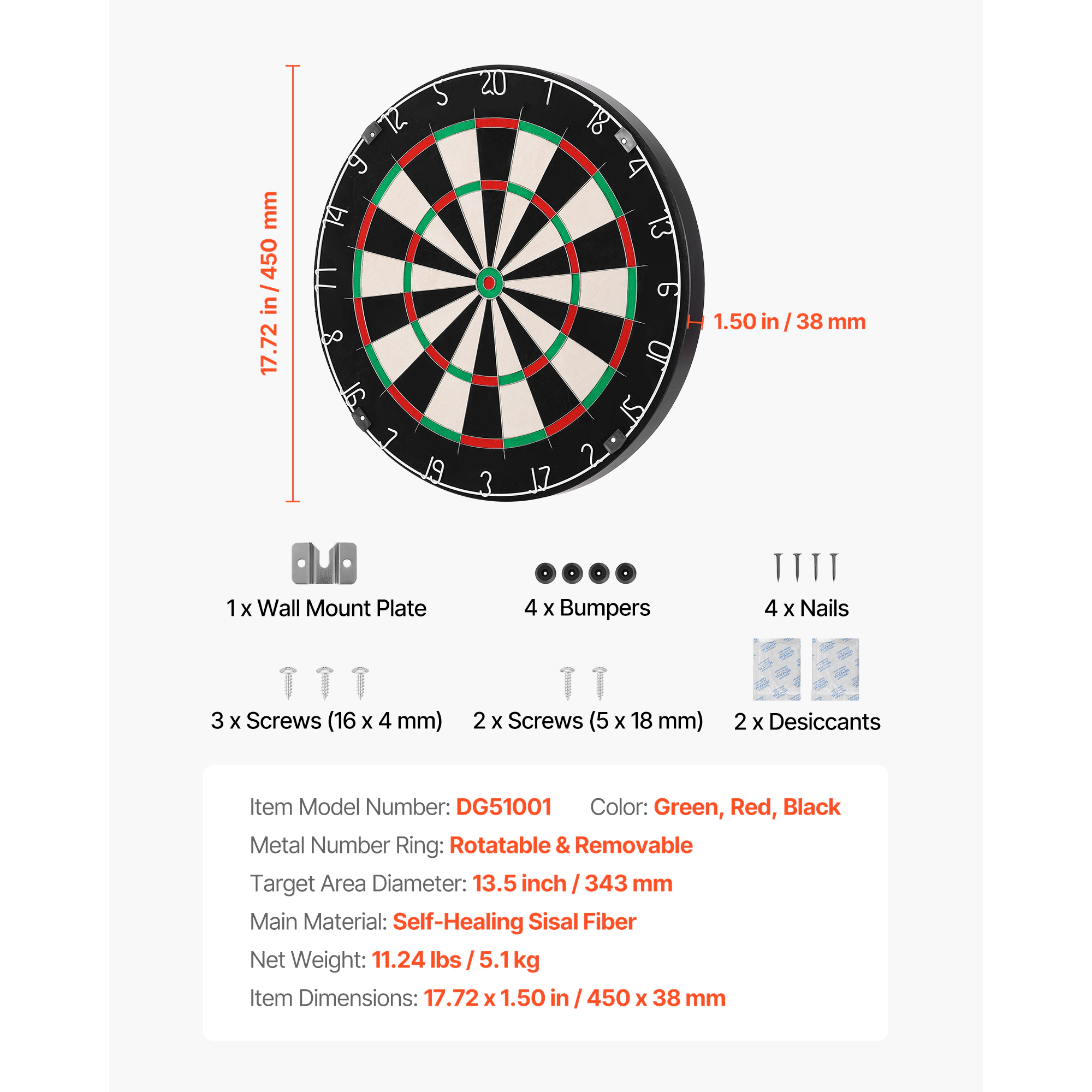HONGGE Self-Healing Sisal Dartboard with Darts, Staple-Free Bullseye & Rotating Number Ring for Home Party Game