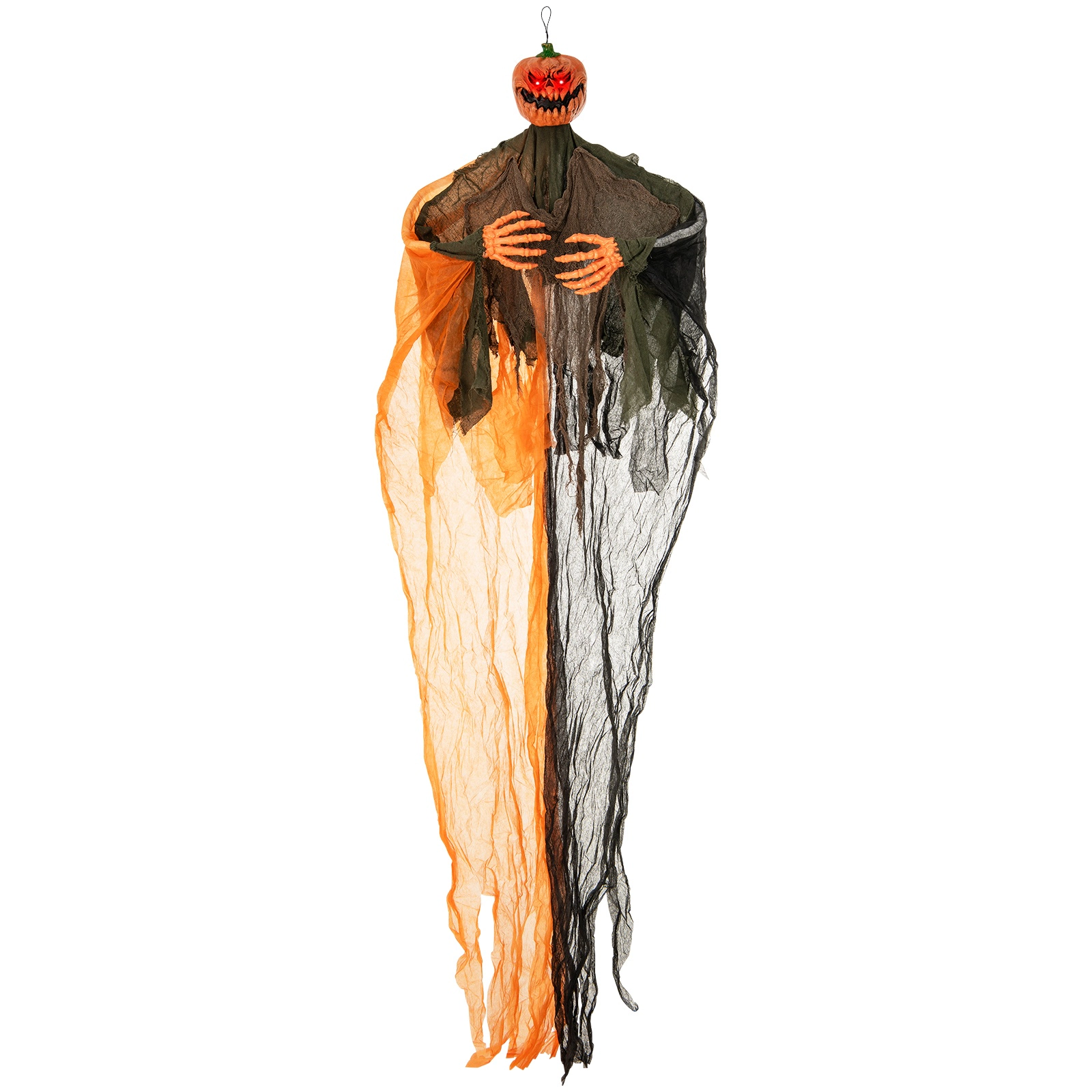 SUGIFT Black and Orange 6-ft Hanging Halloween Pumpkin Ghost Decoration with Red LED Eyes and Poseable Arms