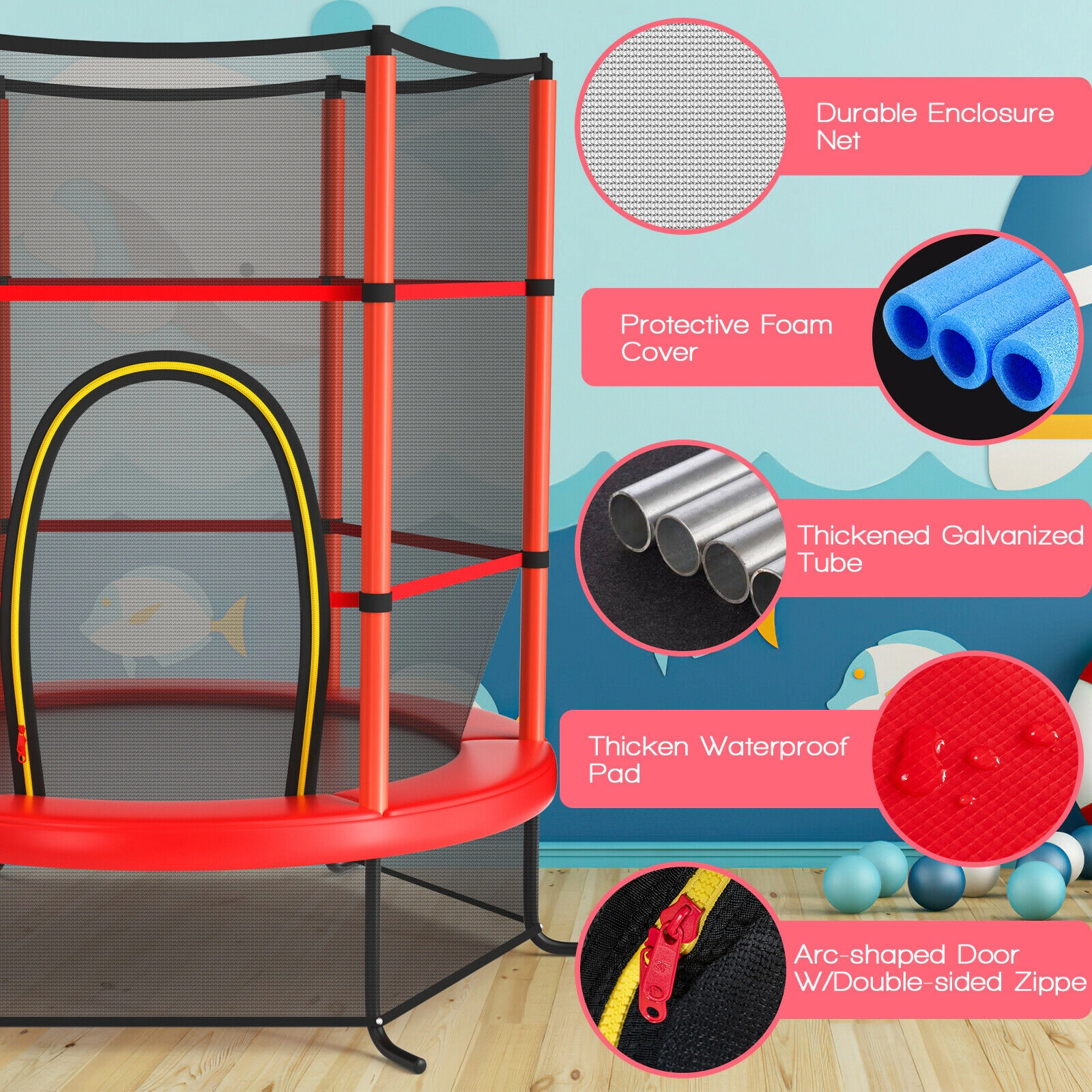 SUGIFT Kids Recreational Trampoline with Enclosure Net 300-lb Capacity 65 x 65 x 65 in Frame 30 Tension Ropes Red