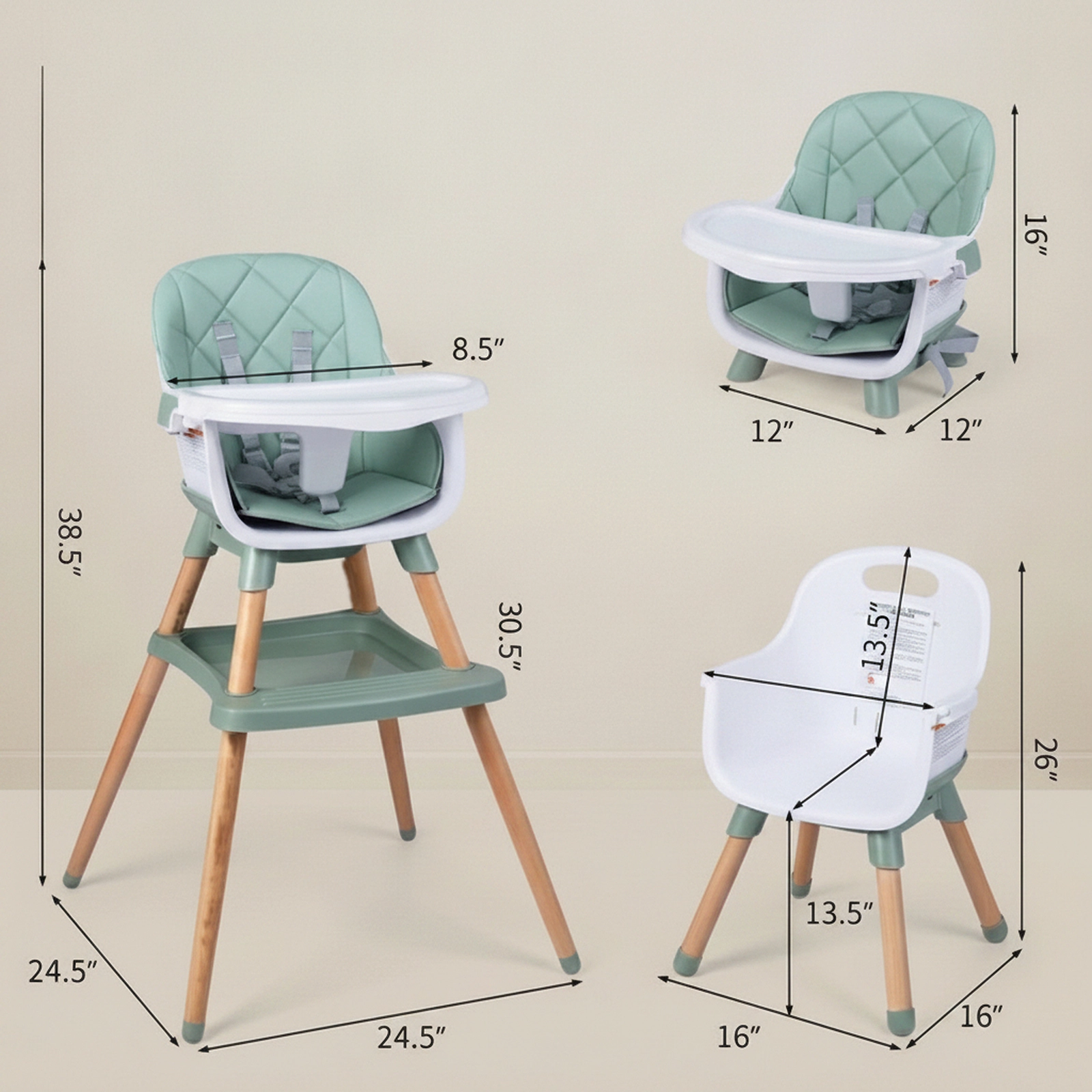 SUGIFT 9-in-1 Convertible High Chair for Babies and Toddlers 66-lb Capacity Ages 6 Months-3 Years Green
