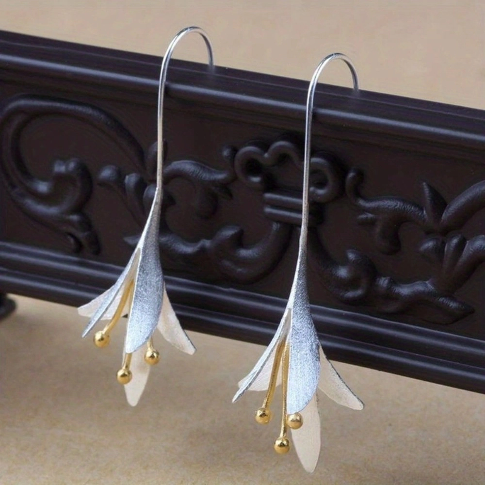 Dual-Tone Gold Silver Lily Flower Hook Earrings for Women