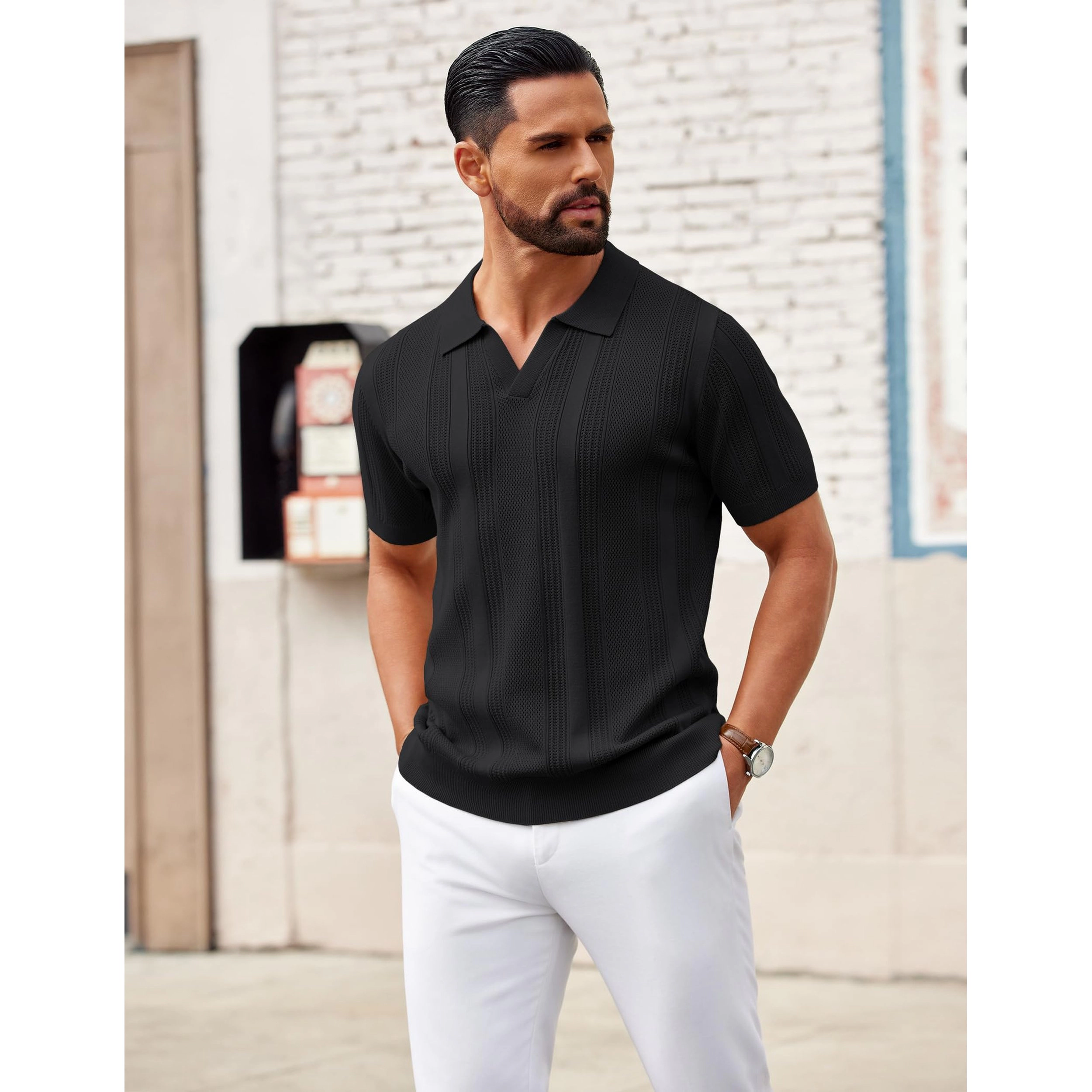 COOFANDY Men's Regular Fit Textured Knit Short Sleeve Polo Shirt