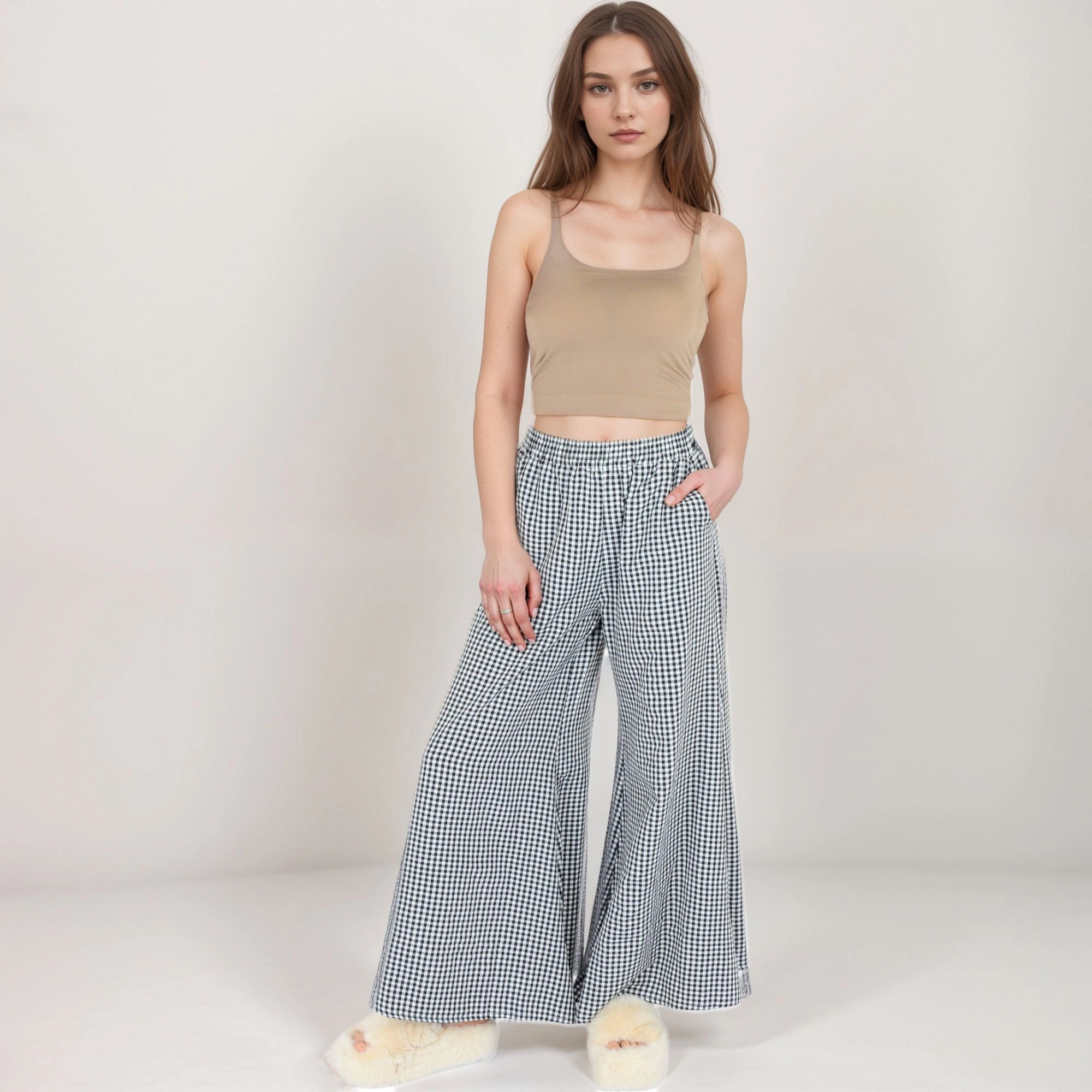Anna-Kaci Women's Gingham Wide Leg Lounge Pants with Elastic Waistband Side Pockets and Draped Full-Length Fit