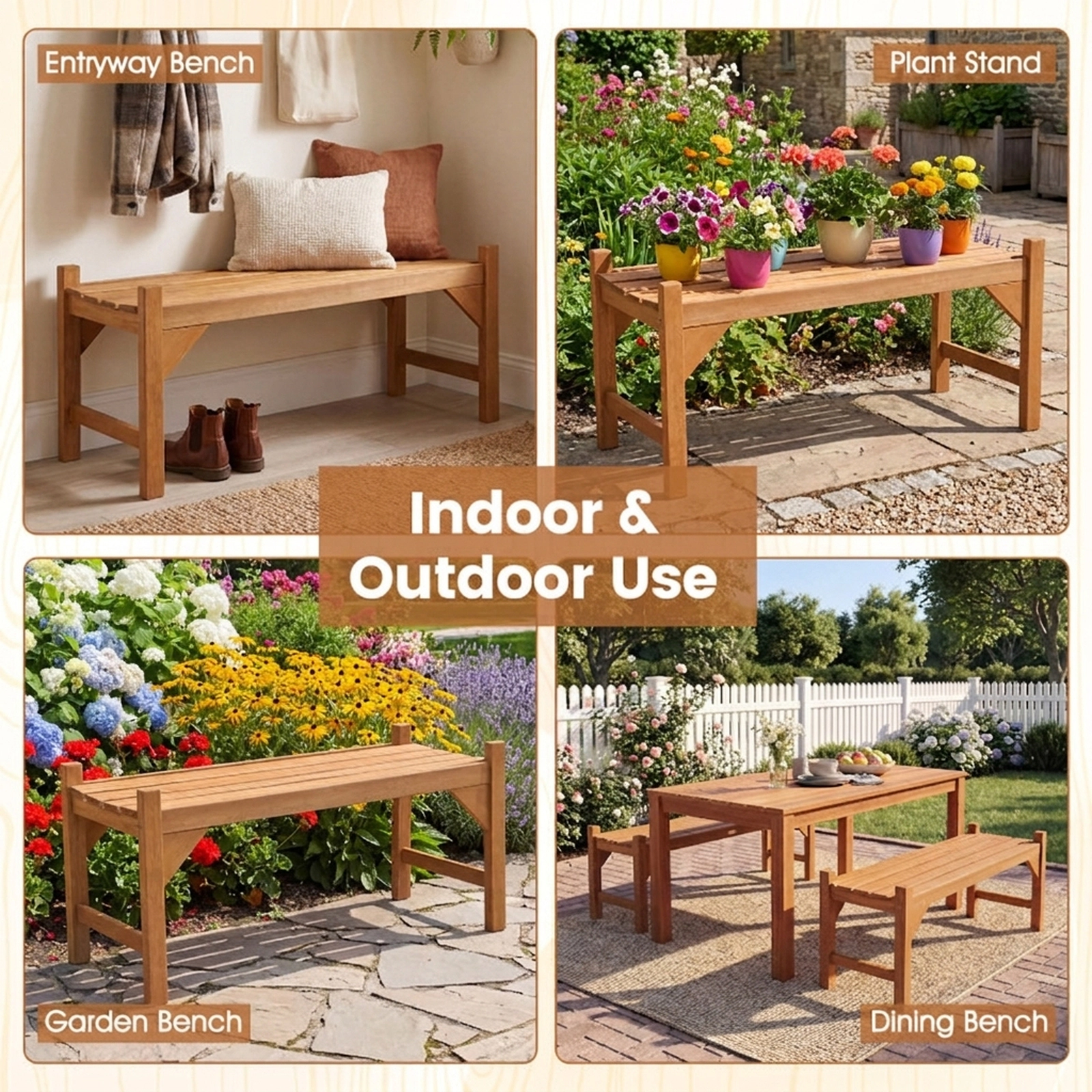SUGIFT 40-in Outdoor Solid Hardwood Bench Set with Slatted Contoured Seat 530-Lb Capacity Natural Set of 2
