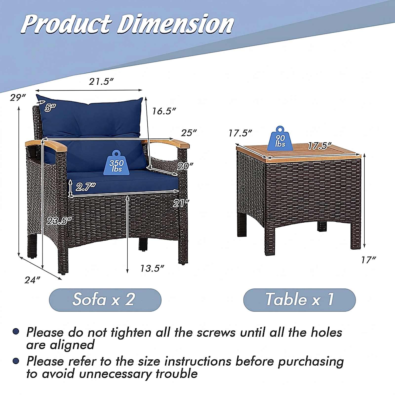 SUGIFT 3-Piece Brown PE Wicker Patio Set with Cushioned Sofas and Acacia Wood Table