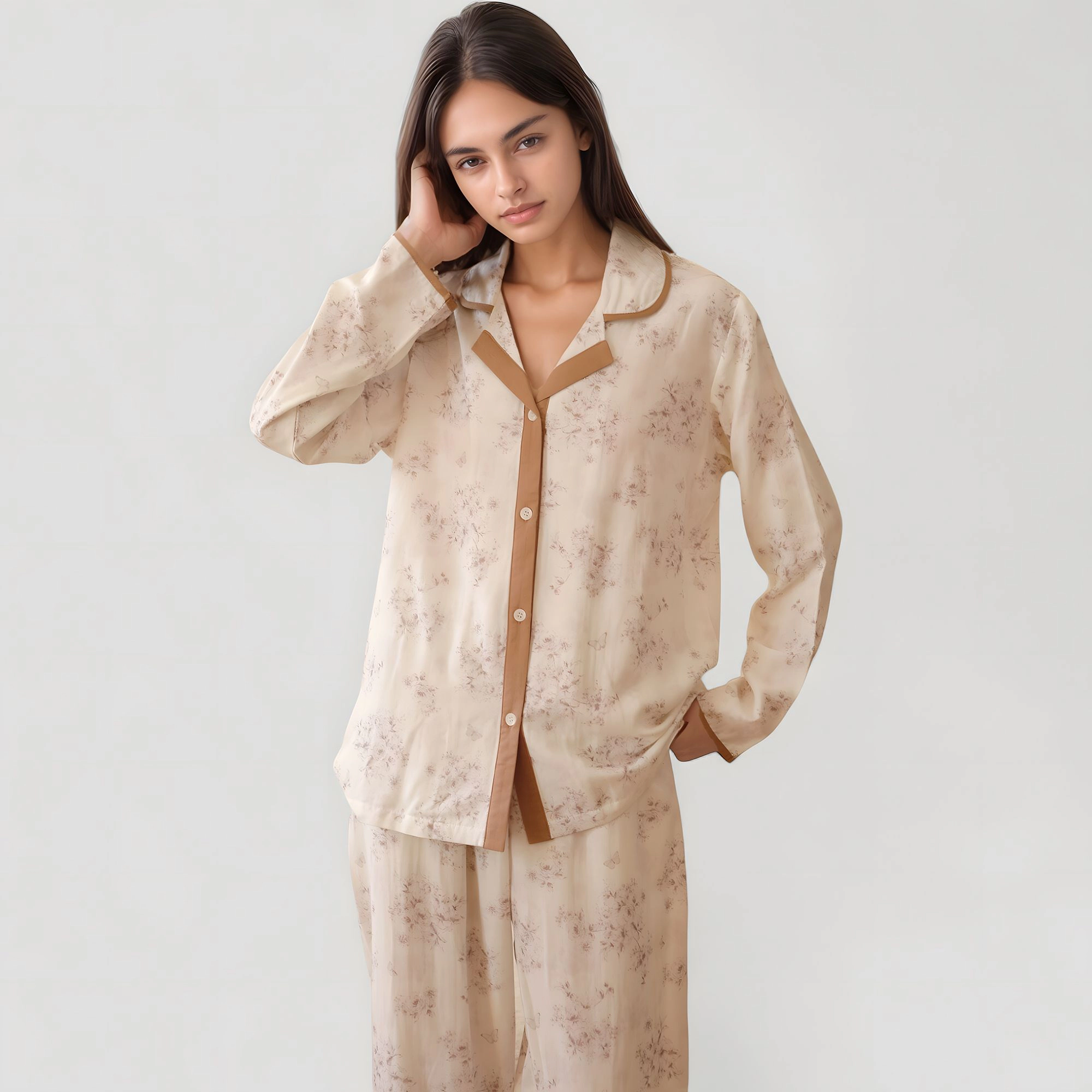 Anna-Kaci Women's Floral Print Long Sleeve Pajama Set with Contrast Piping Trim and Relaxed Button Up Shirt