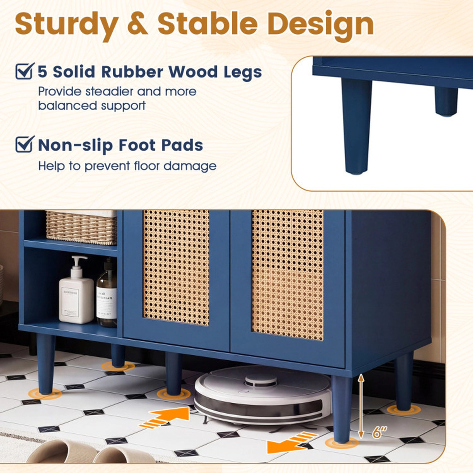 SUGIFT 36-in Under Sink Bathroom Cabinet for Vessel Sinks and Single-Handle Faucets 265-lb Top Capacity Navy + Natural