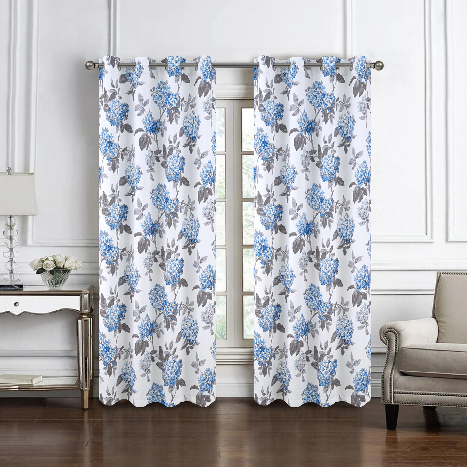 Olivia Gray 100% Polyester 200 GSM Hydrangea Printed Blackout Grommet Curtain Panel 54" x 84