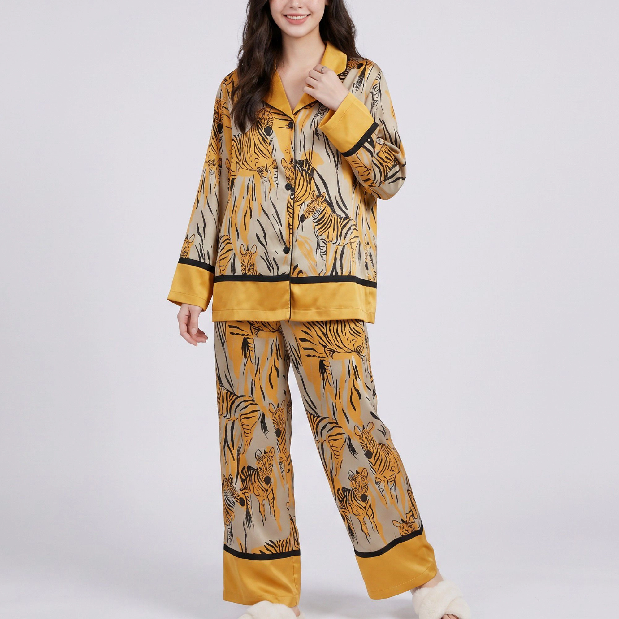 Anna-Kaci Women's 2-Piece Tiger Print Pajama Set with Button Front Top and Wide Leg Pants