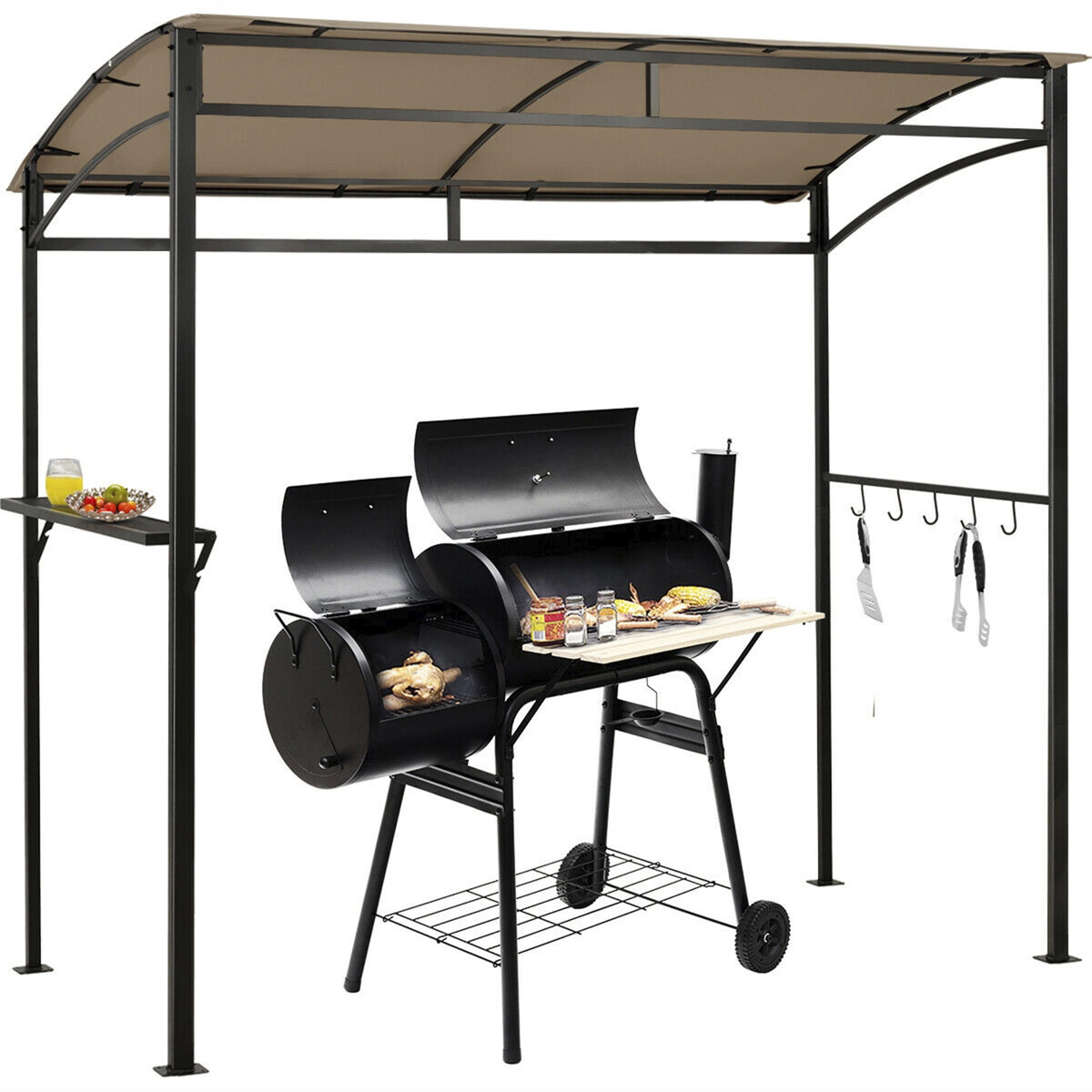 SUGIFT 7-ft Brown Outdoor Grill Gazebo with BBQ Canopy, Shelf and 5 Hooks