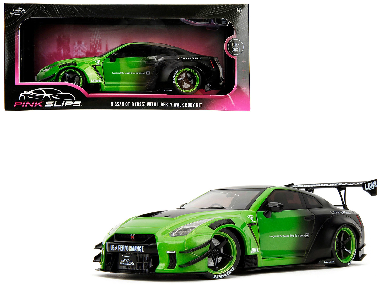 Jada Nissan GT-R (R35) Liberty Walk Body Kit 2.0 RHD (Right Hand Drive) Green and Matt Black "Pink Slips"