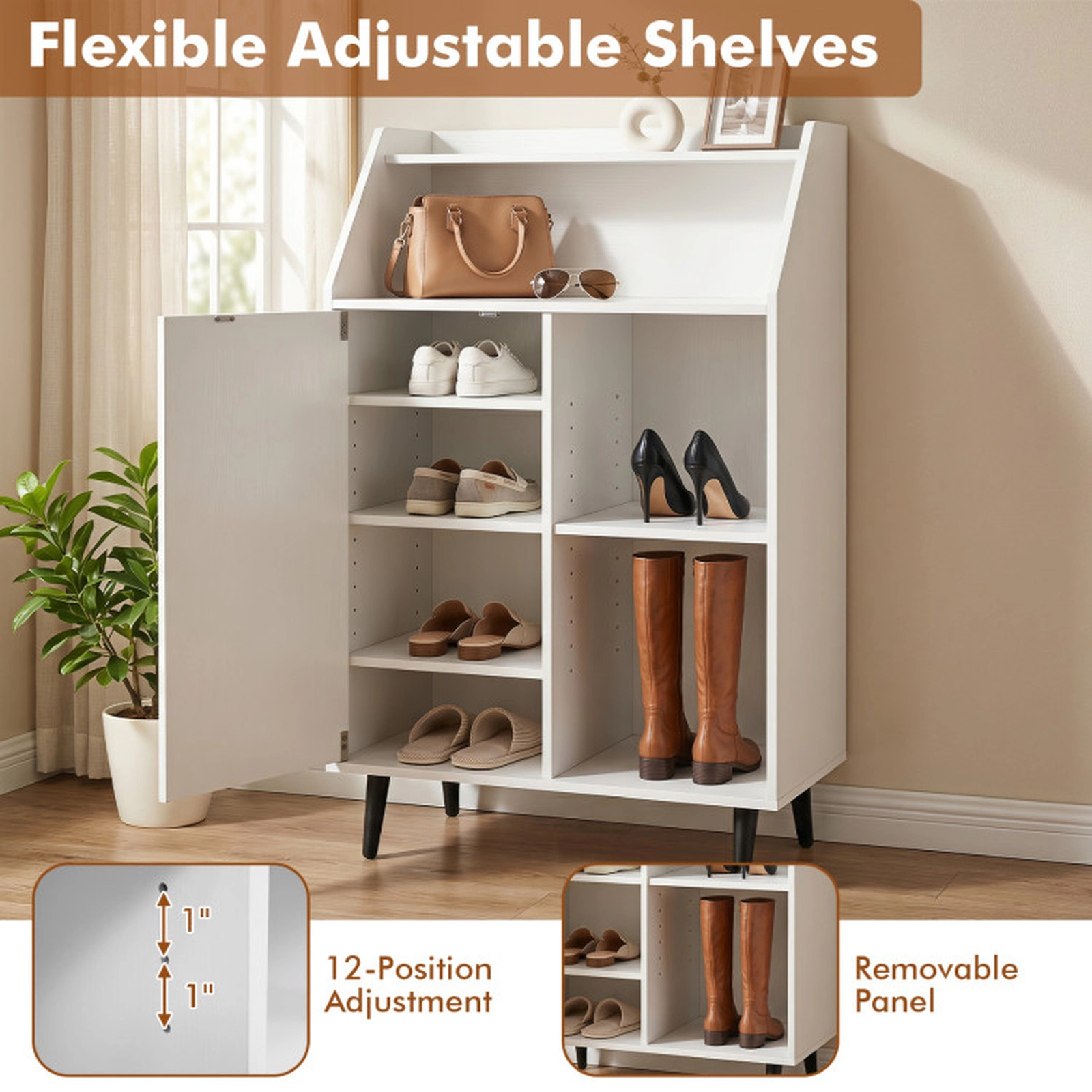 SUGIFT Shoe Storage Cabinet with 2-Tier Open Compartment and 4 Adjustable Shelves 44-lb Countertop Capacity White