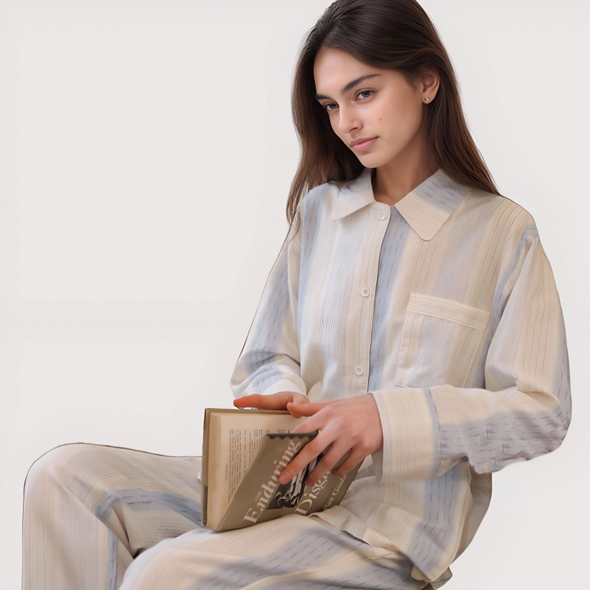 Anna-Kaci Women's Striped Woven Pajama Set with Collared Long Sleeve Top and Cuffed Wide Leg Pants